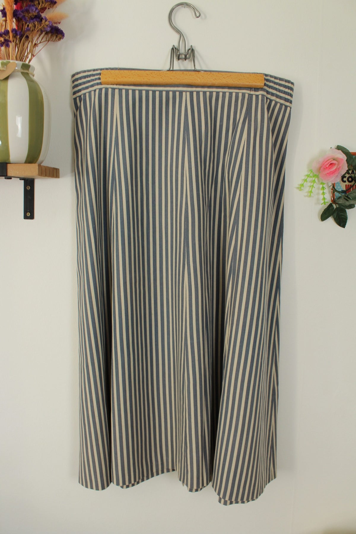 Jupe midi Navy vintage années 90 esprit marin à rayures en lin - Taille 42