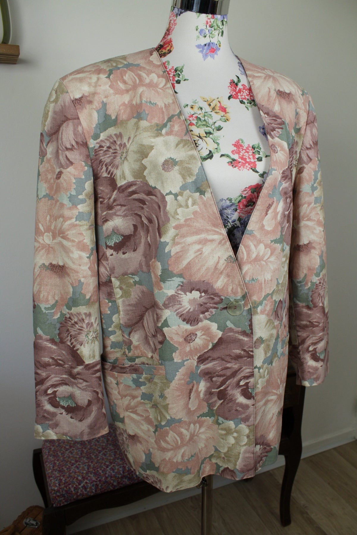 Veste vintage années 90 fleurs pastel esprit tapisserie romantique en lin & coton - Taille 44