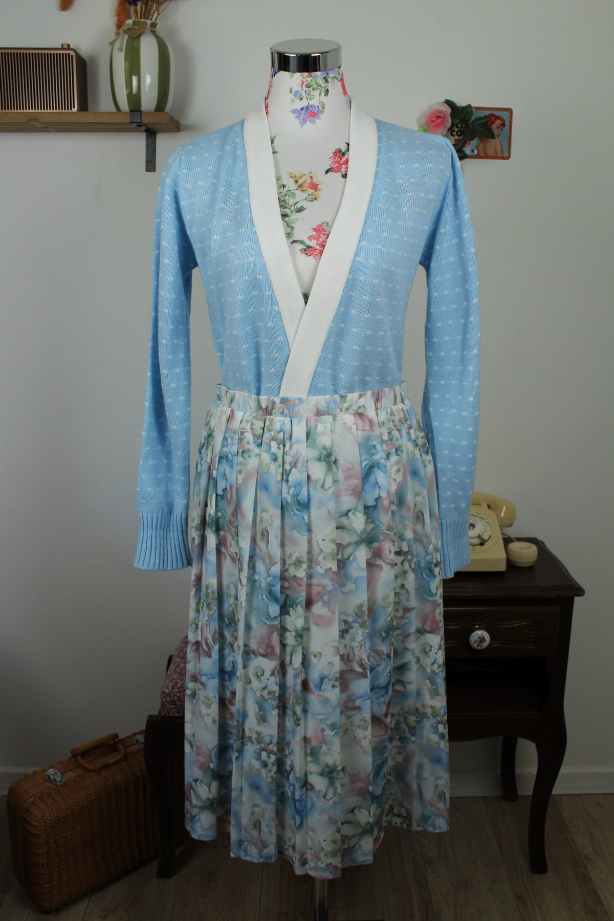 Cardigan pull vintage années 80 bleu ciel pep's à pois blanc - Taille 38