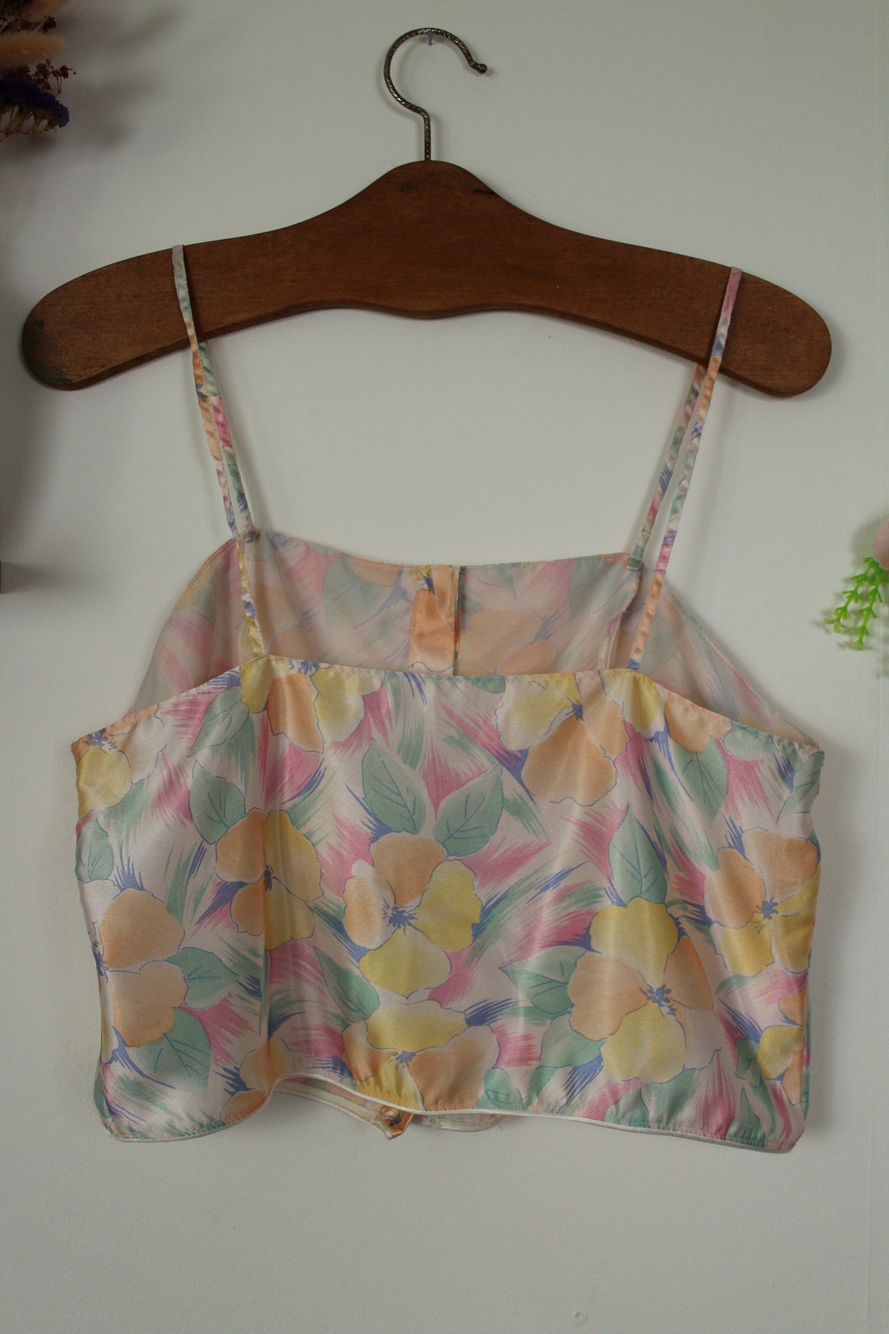🌸🍒Top court vintage 90's bustier en satin & fleurs en aquarelle pastel - Taille 38🍒🌸