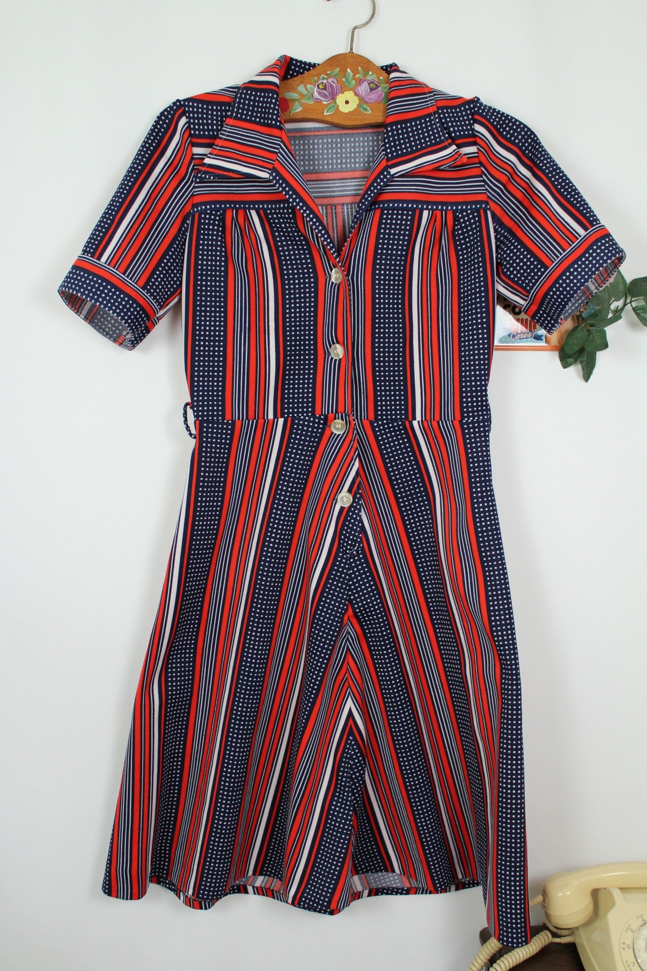 🌸🍒Robe vintage 70's Navy pin-up chic - rayures rouge/marine & pois - Taille 38🍒🌸