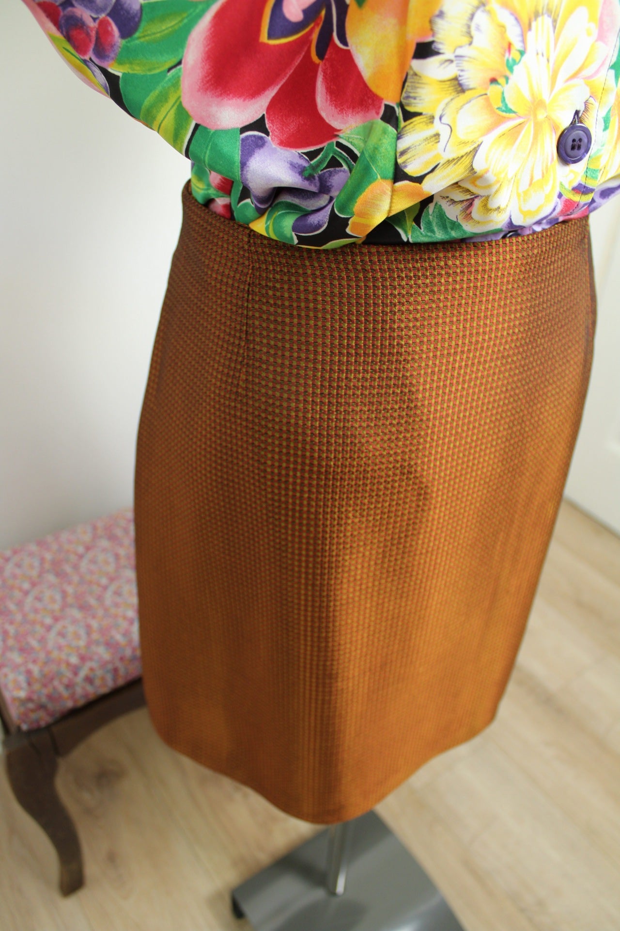 🌸🍒 Jupe vintage 80/90's satinée carreaux & rayures tons chauds - Taille 36🍒🌸