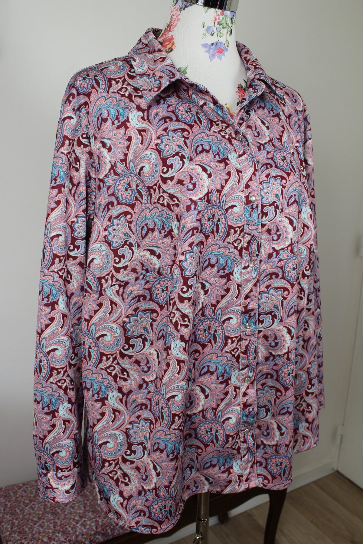 Chemise vintage années 90 fleurie baroque & boutons pressions nacrés - Taille 46/48