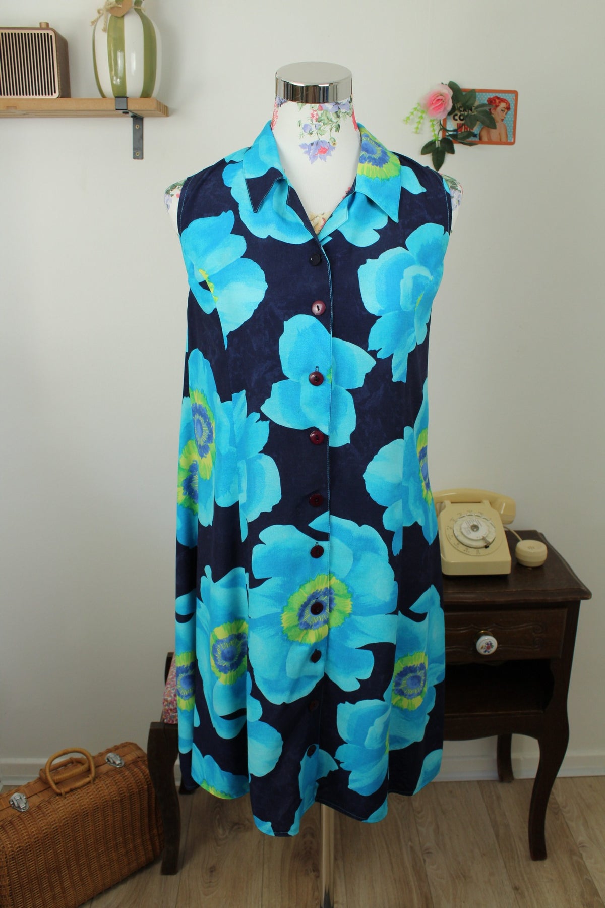 🌸🍒Robe chemise vintage années 90 fleurs XXL bleu ciel pep's - Taille 36🍒🌸