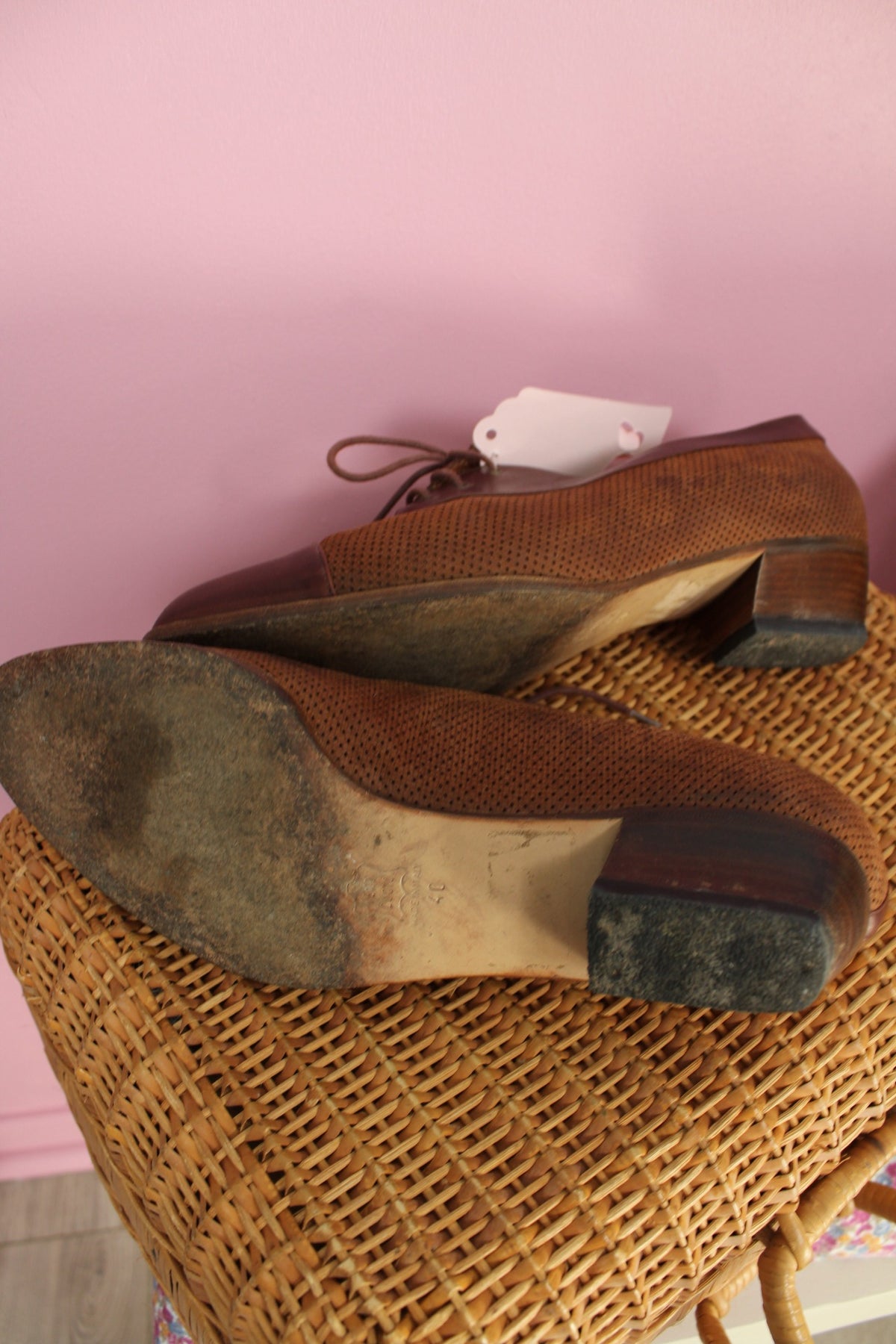 Derbies vintage années 80 marron tout cuir & petit talon bottier - pointure 40