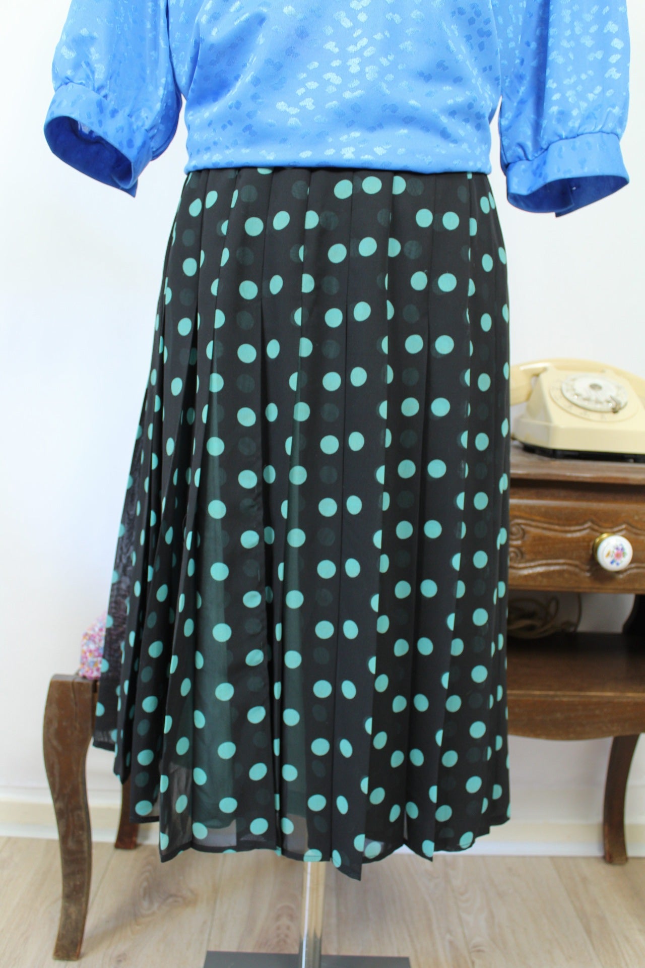 🌸🍒Jupe plissée vintage 80's à pois turquoise - inspiration pin-up 50's - Taille 44🍒🌸