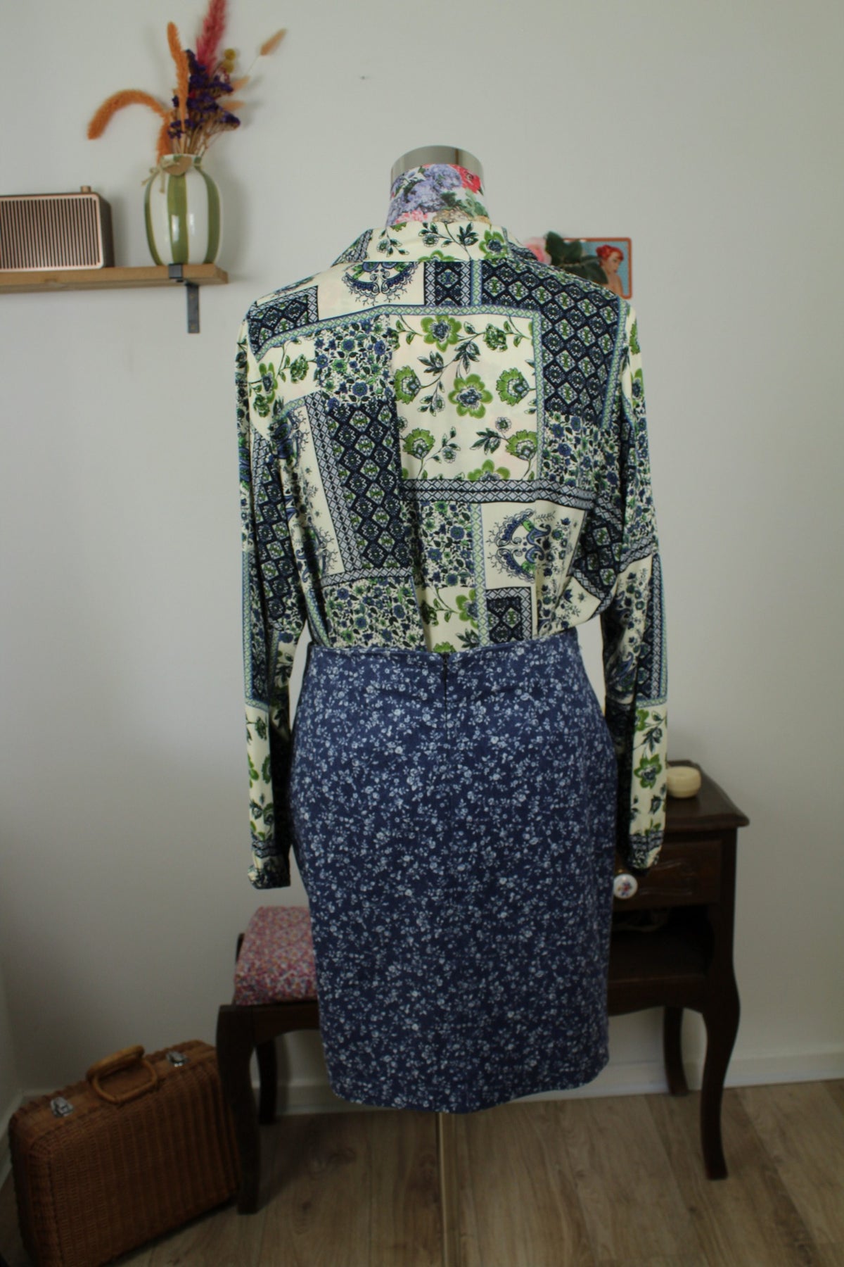 Jupe vintage années 90 Nina Kalio en denim effet fleuri liberty - Taille 40