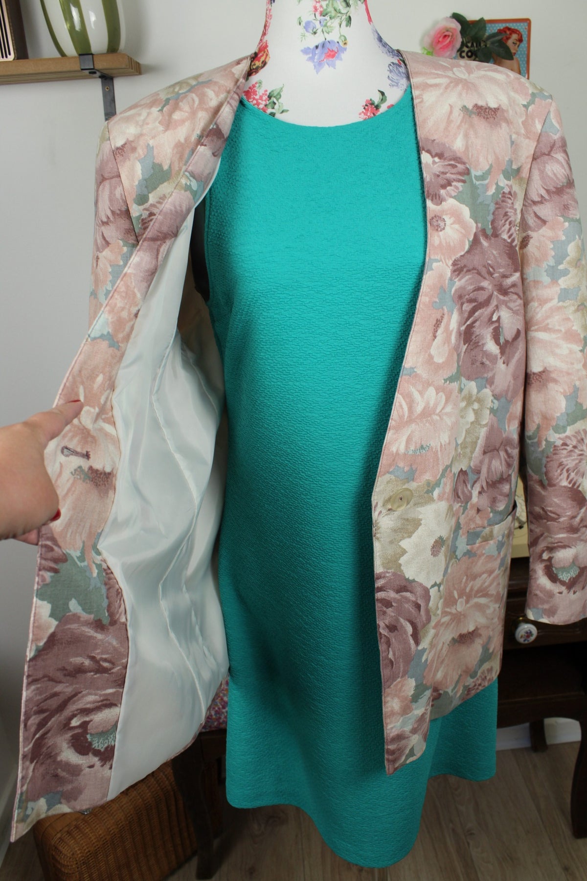 Veste vintage années 90 fleurs pastel esprit tapisserie romantique en lin & coton - Taille 44