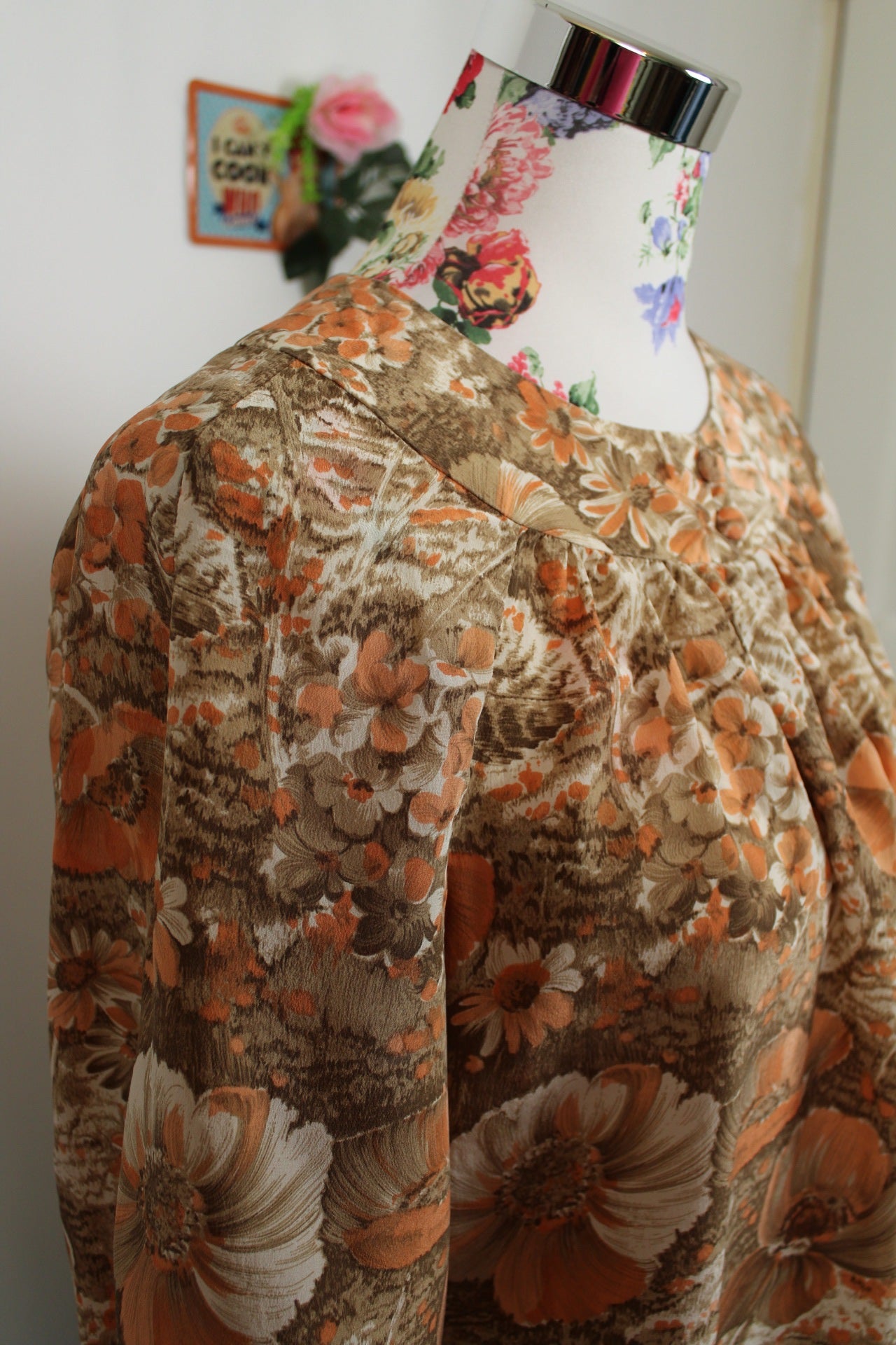 🌸🍒Blouse vintage 70's "papier peint - fleurs automnales" légère - Taille 38/40🍒🌸
