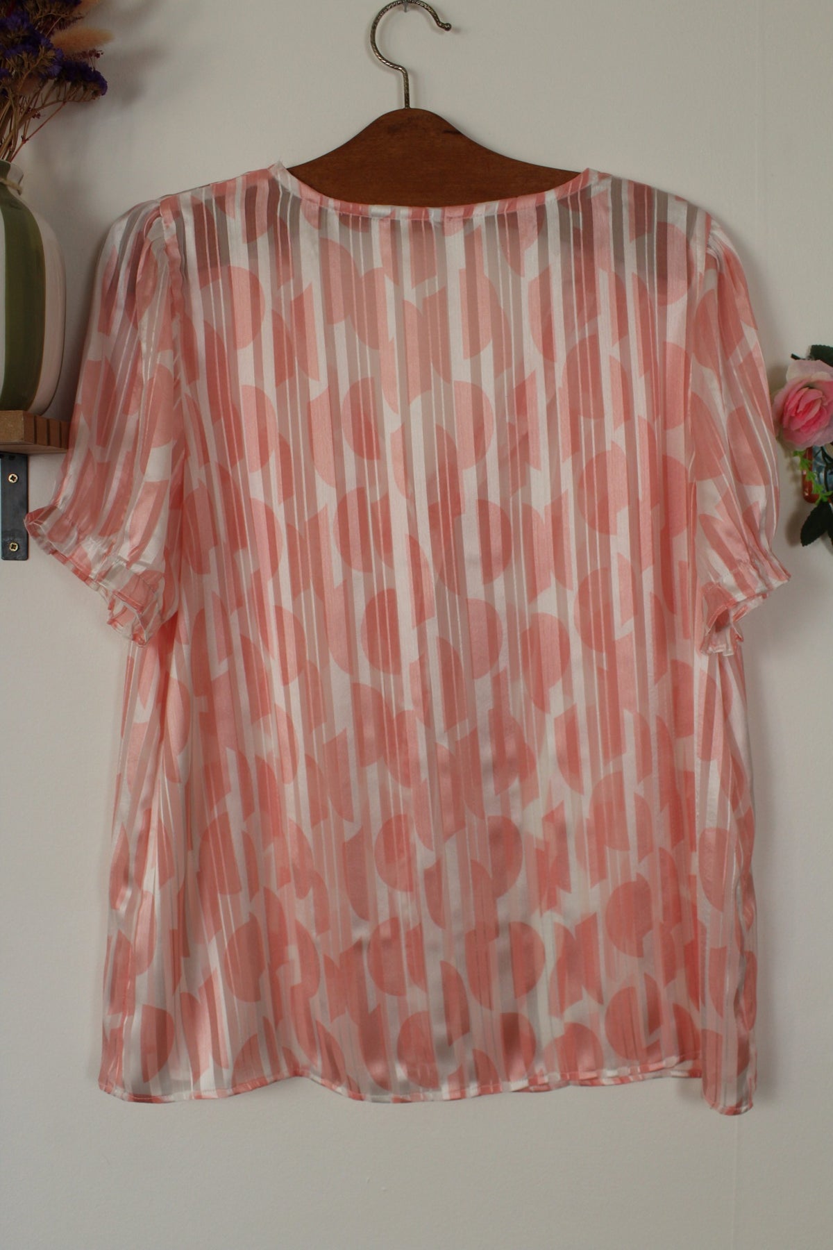 🌸🍒Blouse rétro rayée blanc satiné & demi-sphères roses pastel romantique - Taille 42/44🍒🌸
