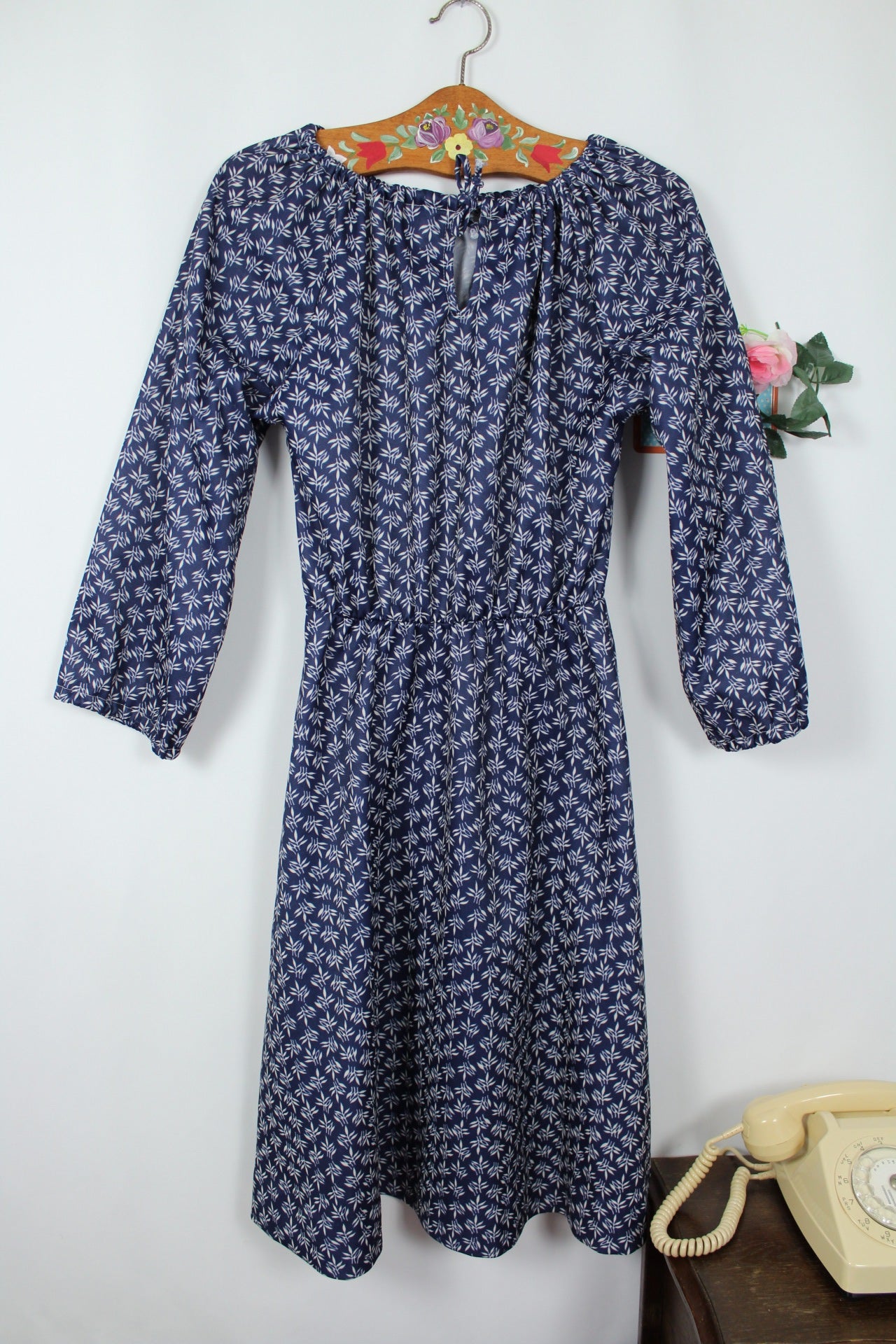 🌸🍒Robe vintage 70/80s romantique bohème - bleu marine & manches larges - Taille 38/40🍒🌸