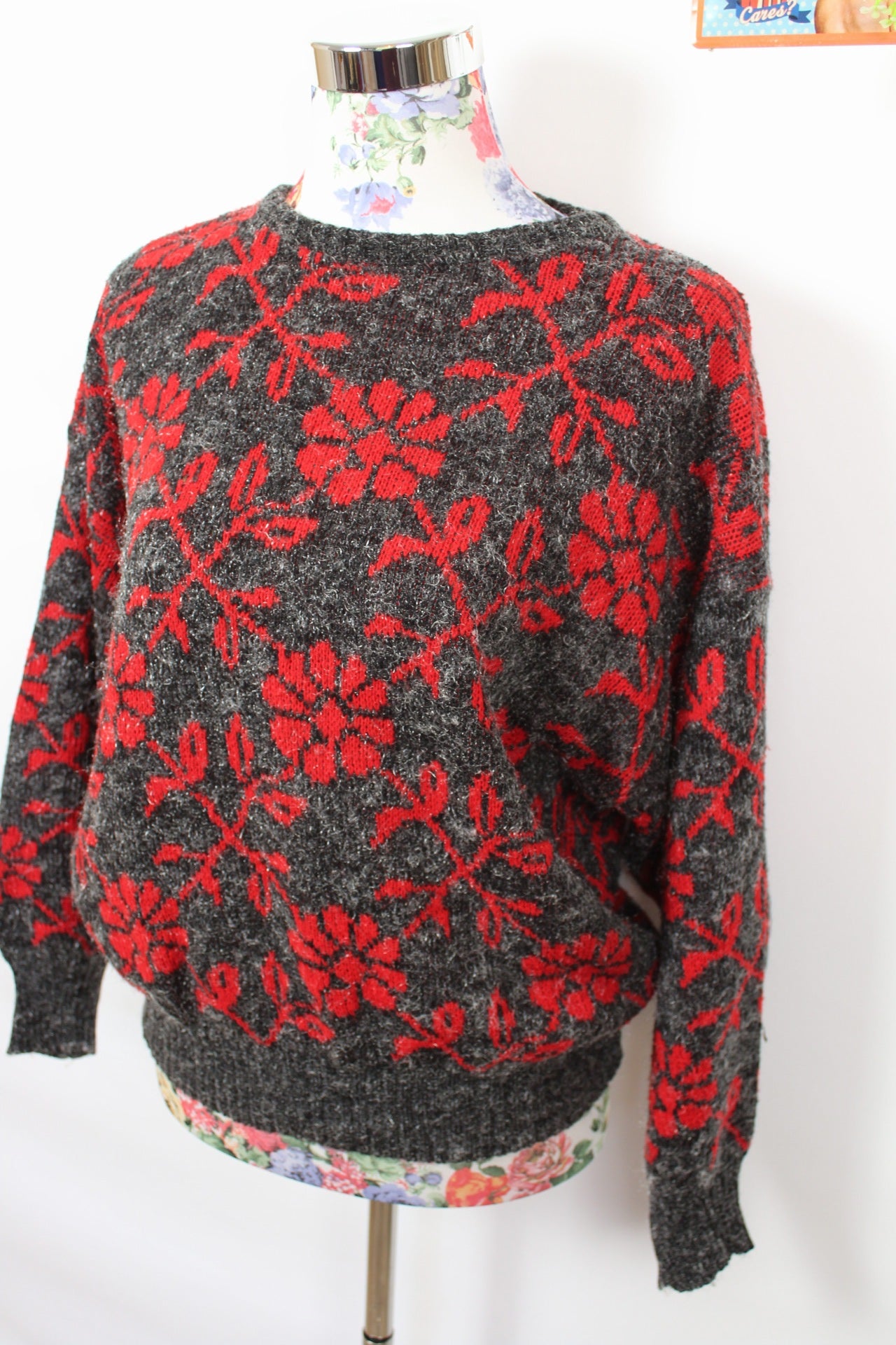 ✨Pull vintage 80's motif floral rouge & fil argenté - manches chauve-souris✨