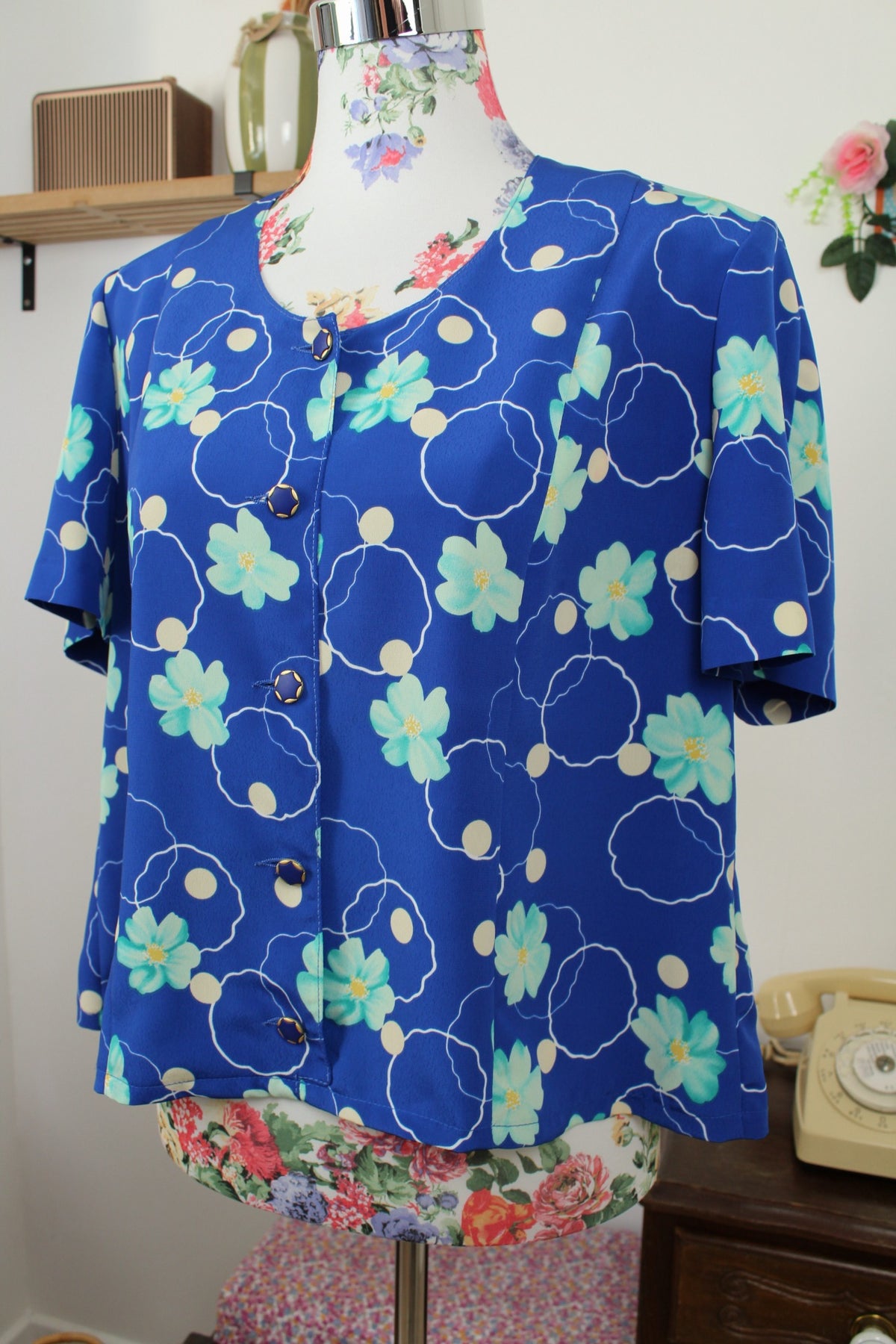 🌸🍒Chemise vintage années 80 bleu pep's - pois & fleurs - Taille 40🍒🌸