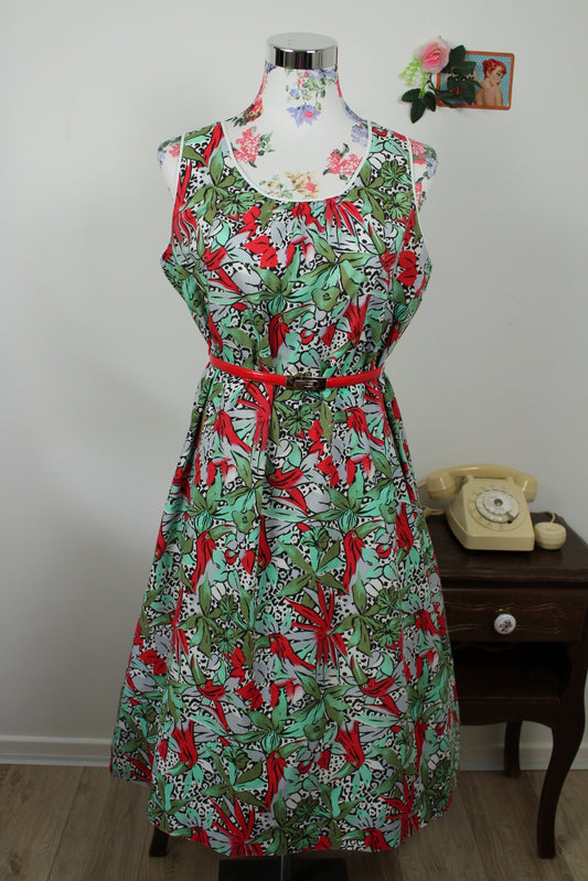 🌸🍒Robe vintage 80/90's imprimée jungle & oiseaux - pin-up des tropiques - Taille 40/42🍒🌸