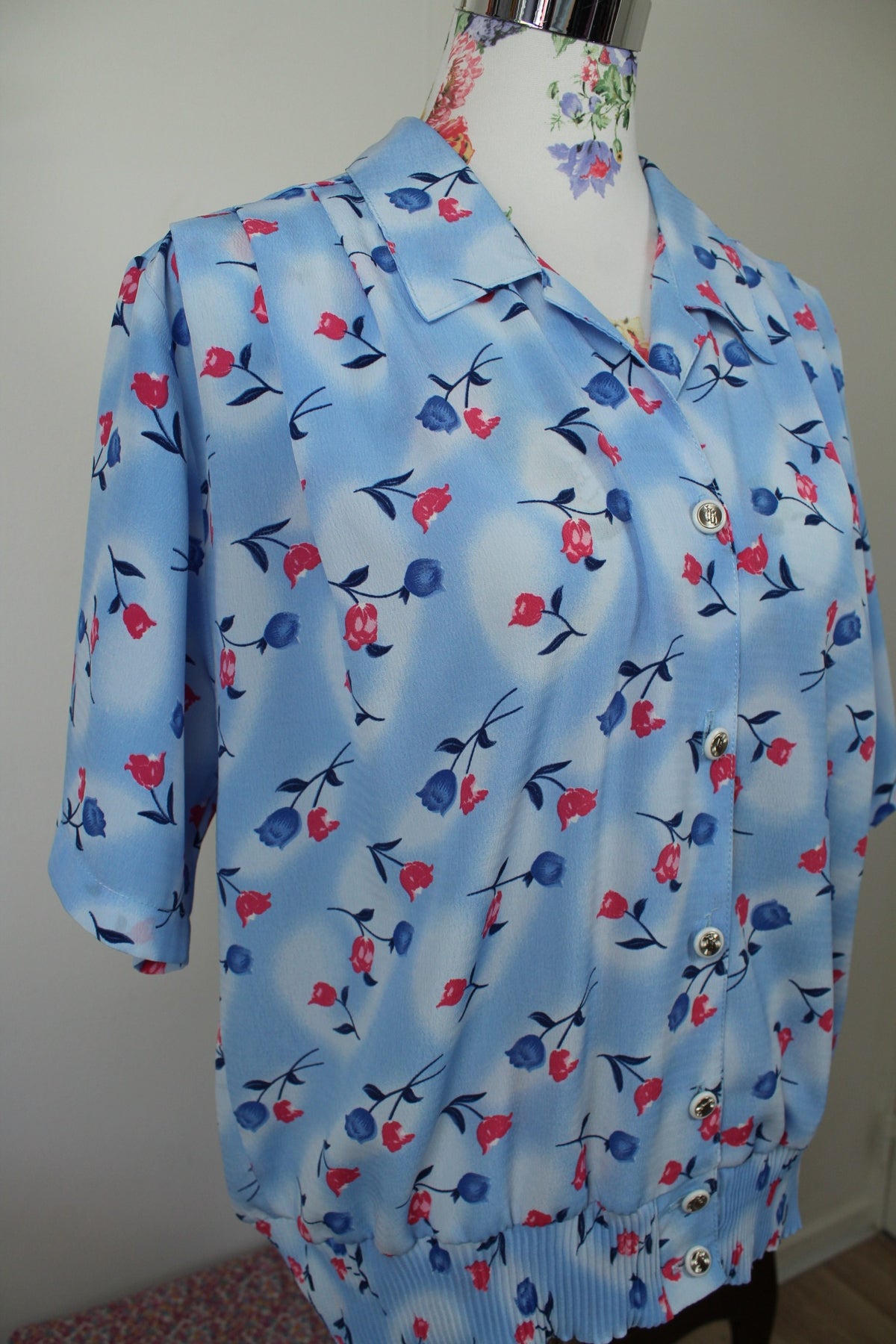 🌸🍒Chemise vintage années 90 bleu lumineux & tulipes - Taille 44/46🍒🌸
