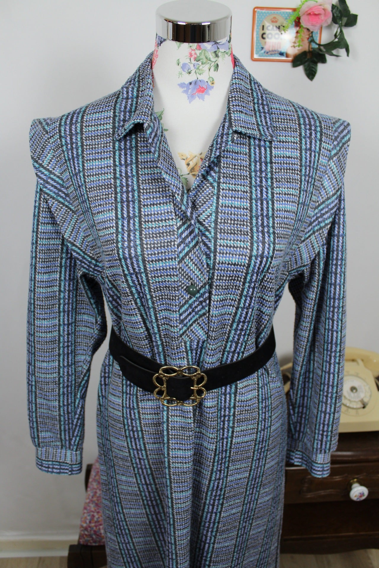 🌸🍒Robe vintage 70/80's d'hiver graphique bleu & verte - ceinture incluse - Taille 38/40🍒🌸