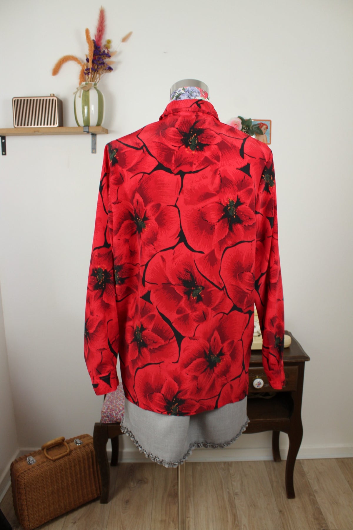 Chemise vintage années 80 romantique motif coquelicots - Taille 40/42