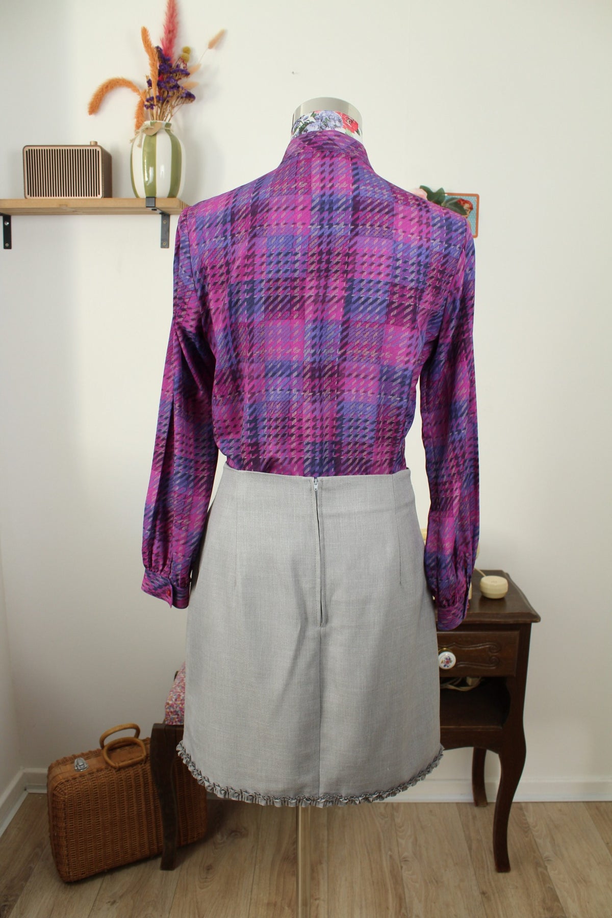 Chemise vintage années 80 violet à carreaux tartan col officier - Taille 38