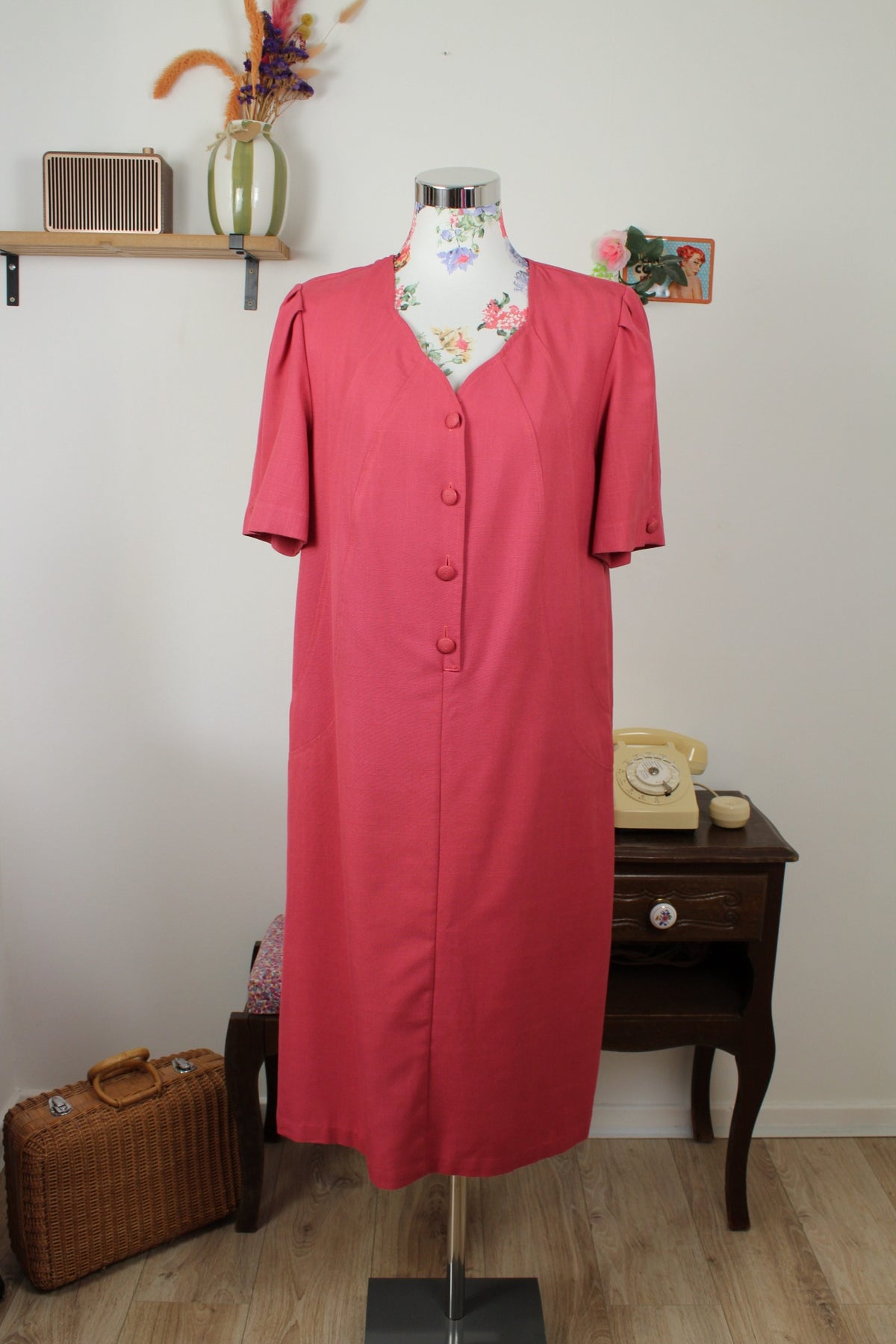 Robe vintage années 80 rose poudré coupe ceinturée - Taille 40/42