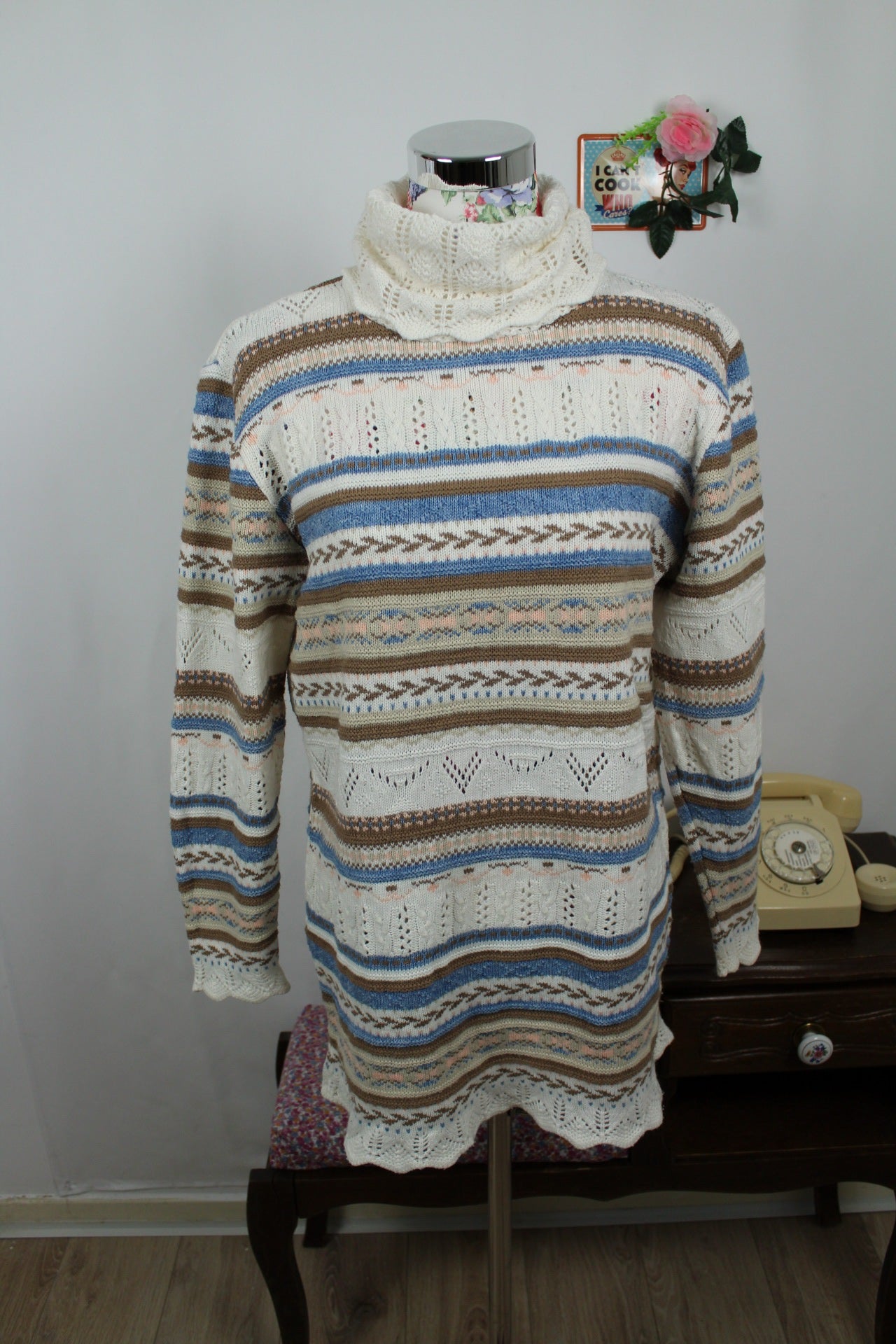 🌸🍒Pull long bohème vintage pimkie 90's - col roulé ajouré - Taille 38🍒🌸