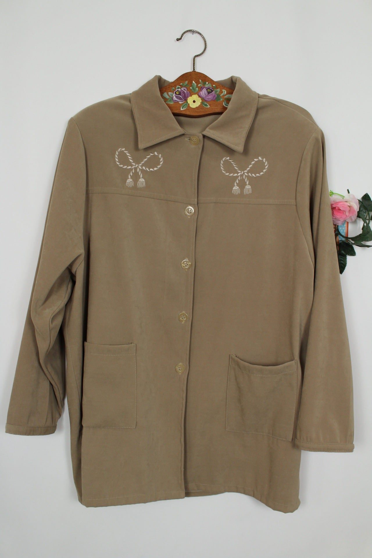 🌸🍒Veste chemise suédine vintage 90's mi saison/printemps - noeuds brodés - Taille 42/44🍒🌸