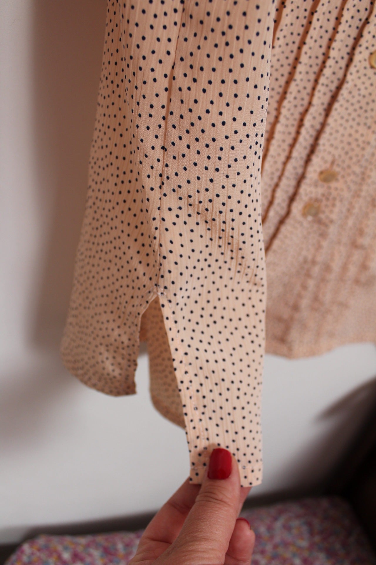 🌸🍒Blouse vintage 80's satinée rose pâle à pois marines style pin-up/rockabilly - T.42/44🍒🌸