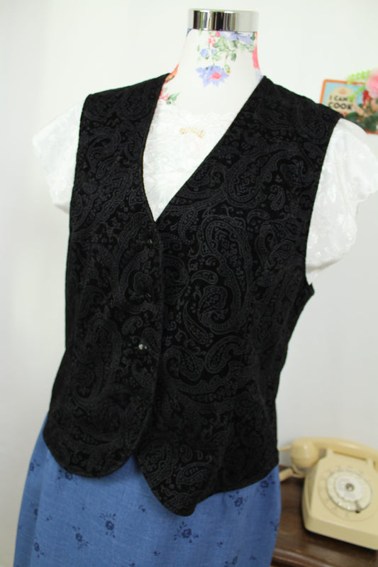 🌸🍒Gilet vintage 90's Janine Pauporté velours & motifs cachemire paisley - Taille 40🍒🌸