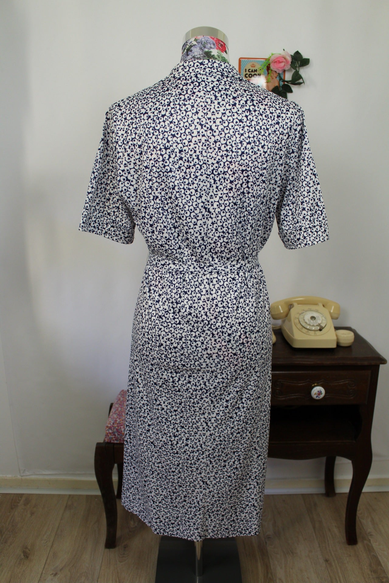 🍒🌸Robe chemisier vintage 80s à pois bleu marine - pin-up chic à la française - Taille 40/42🌸🍒