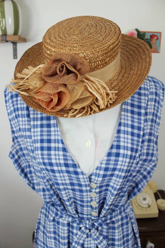 🌸🍒Chapeau vintage années 70 100% paille & composition florale en jute - Taille 54🍒🌸