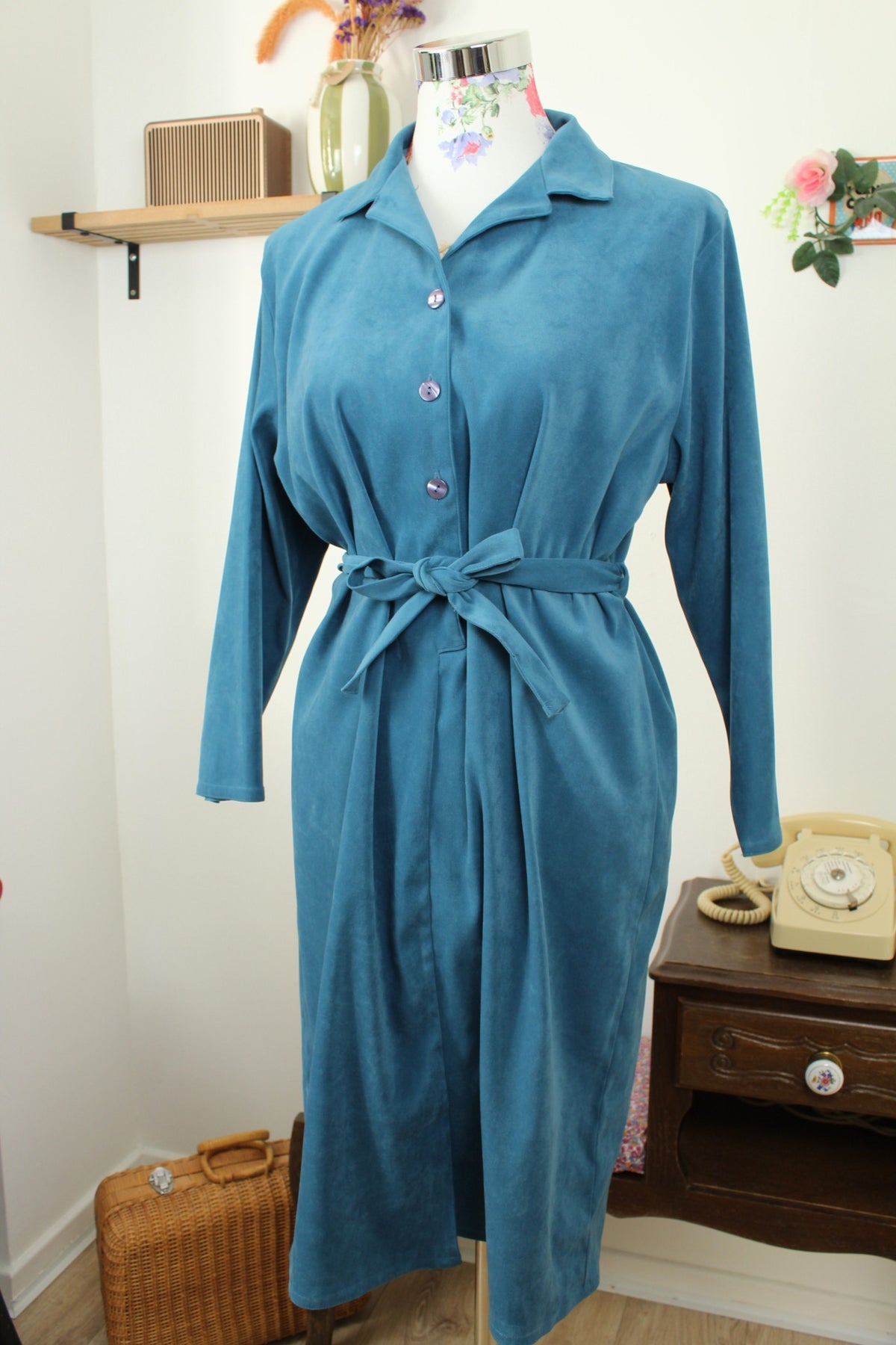 Robe bleu vintage années 90 velours lisse - esprit chemise ceinturée - Taille 40/42