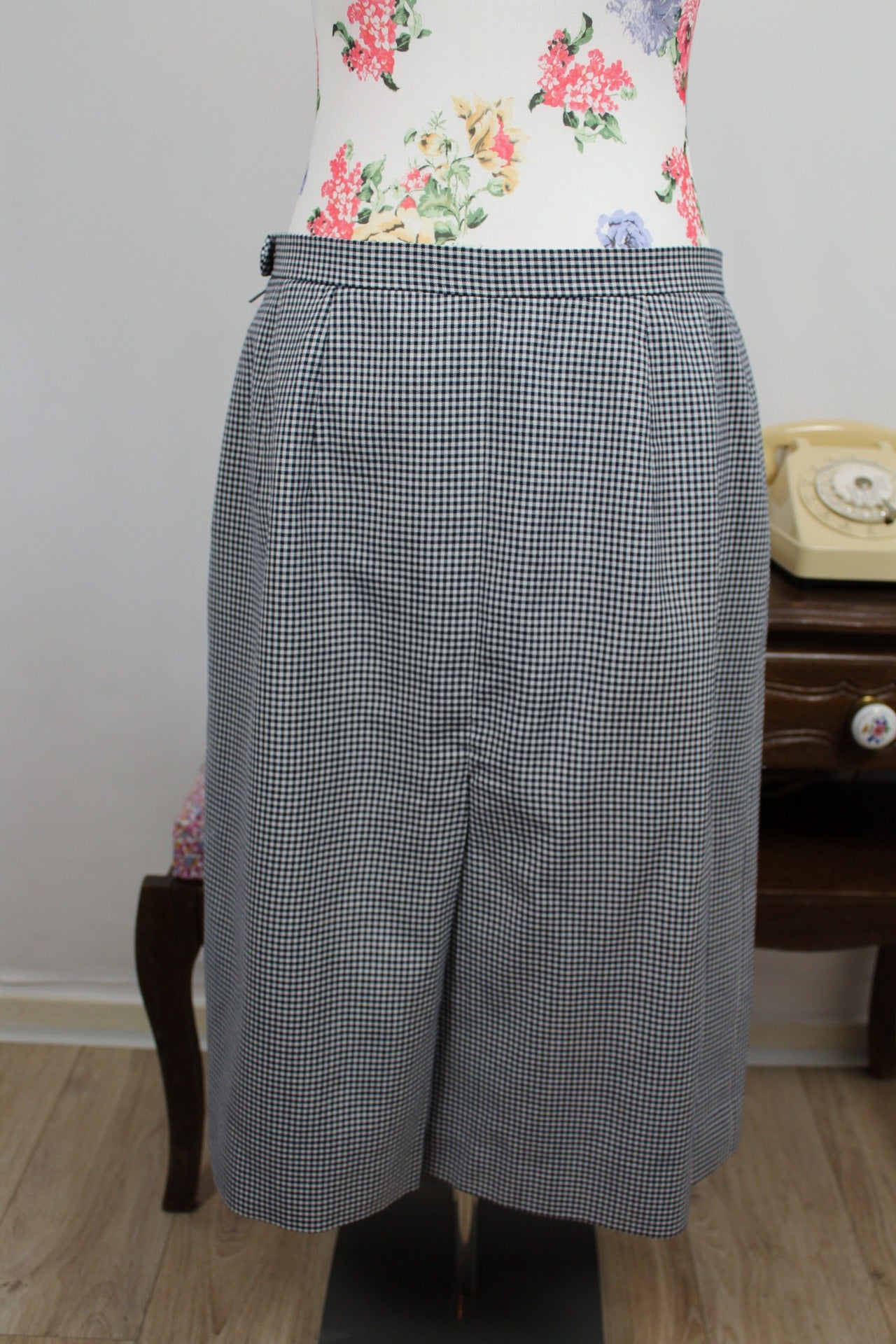 🌸🍒Jupe vintage 80's à carreaux vichy marine & blanc - Taille 42🍒🌸