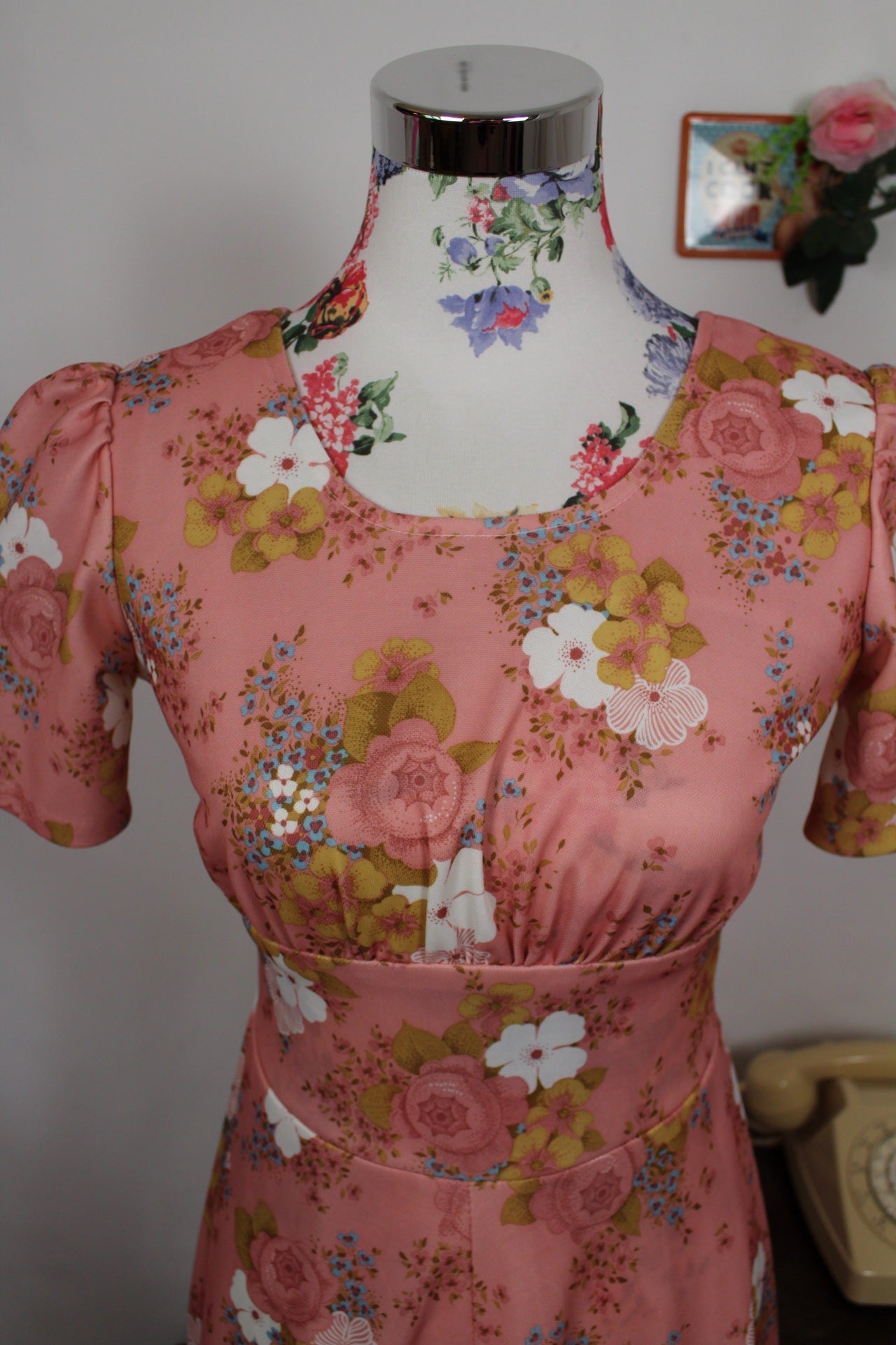 🌸🍒Robe longue vintage 70's bohème romantique rose poudrée fleurie - Taille 34/36🍒🌸