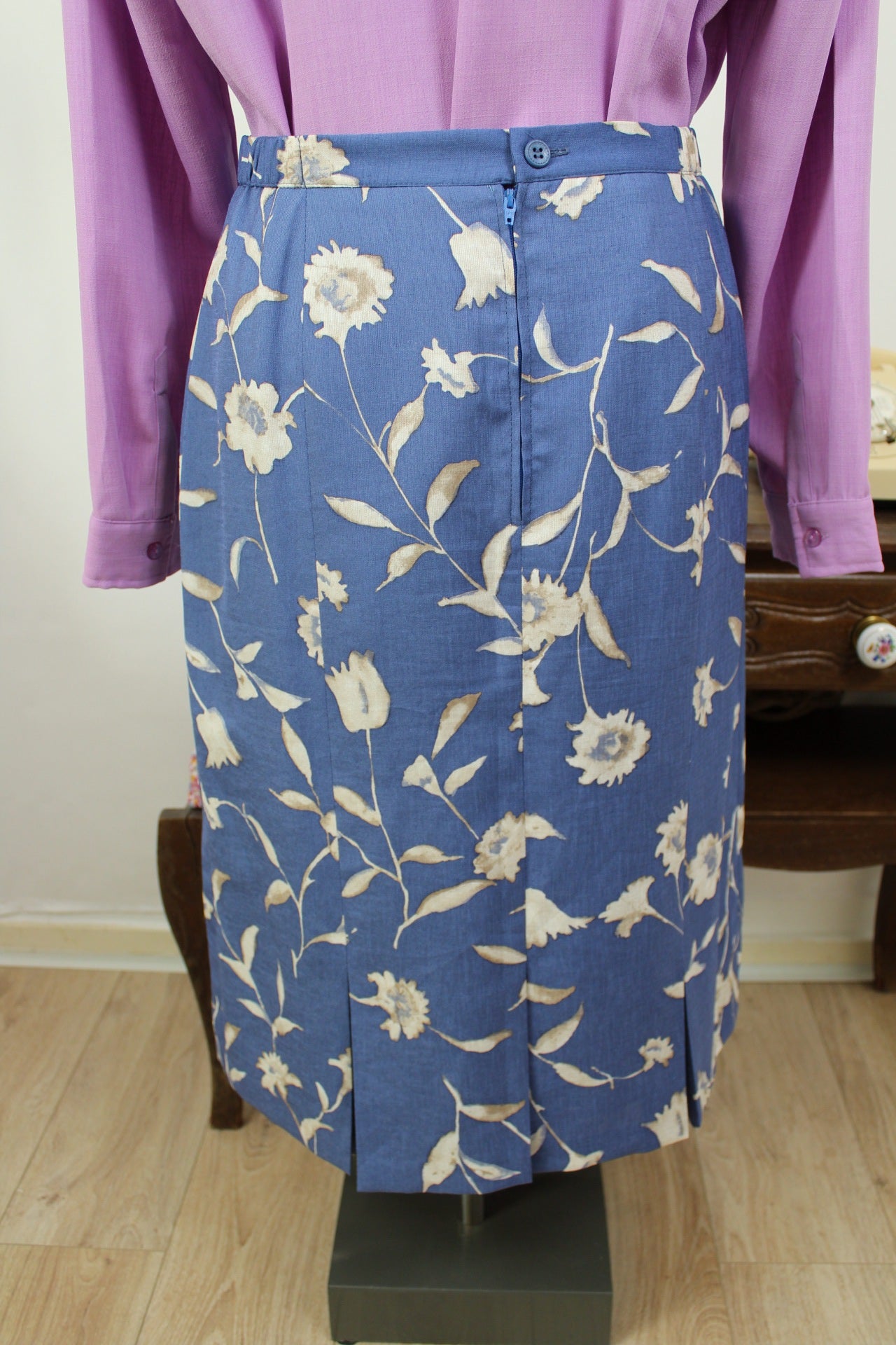 🍒🌸Jupe vintage 80's fleurie bleue et crème - Taille 38🌸🍒