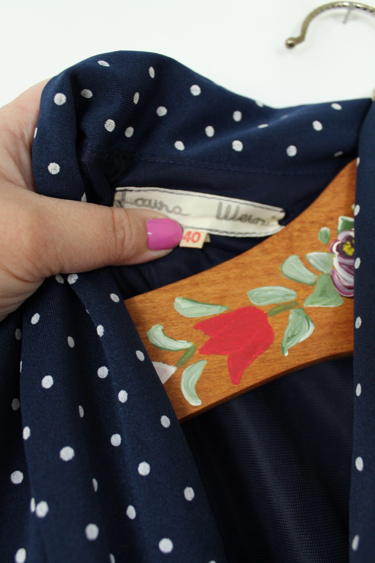 🌸🍒Robe vintage 80's pin-up/rockabilly bleu marine à pois & col lavallière - Taille 38🍒🌸