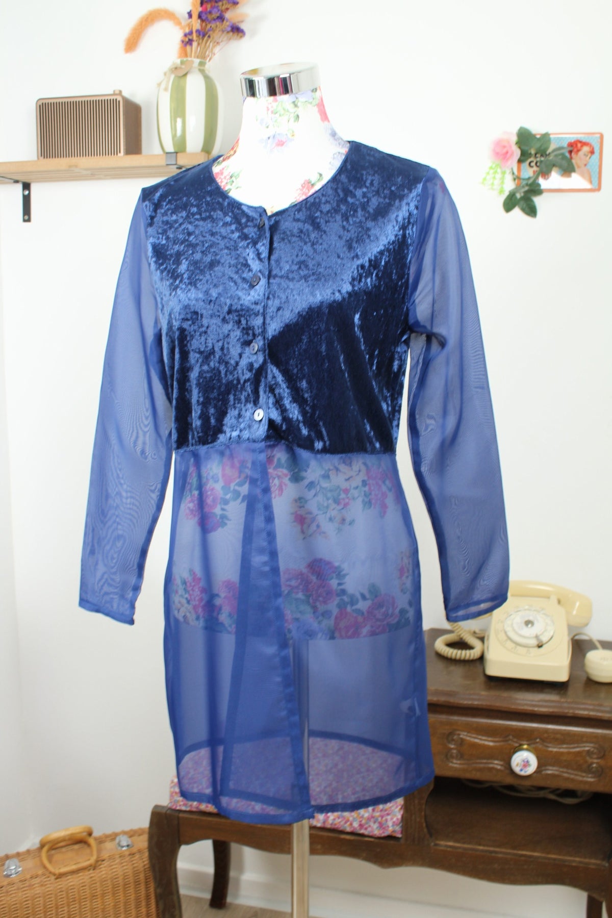 Blouse vintage années 90 bi matière velours satiné & transparence marine - Taille 38/40