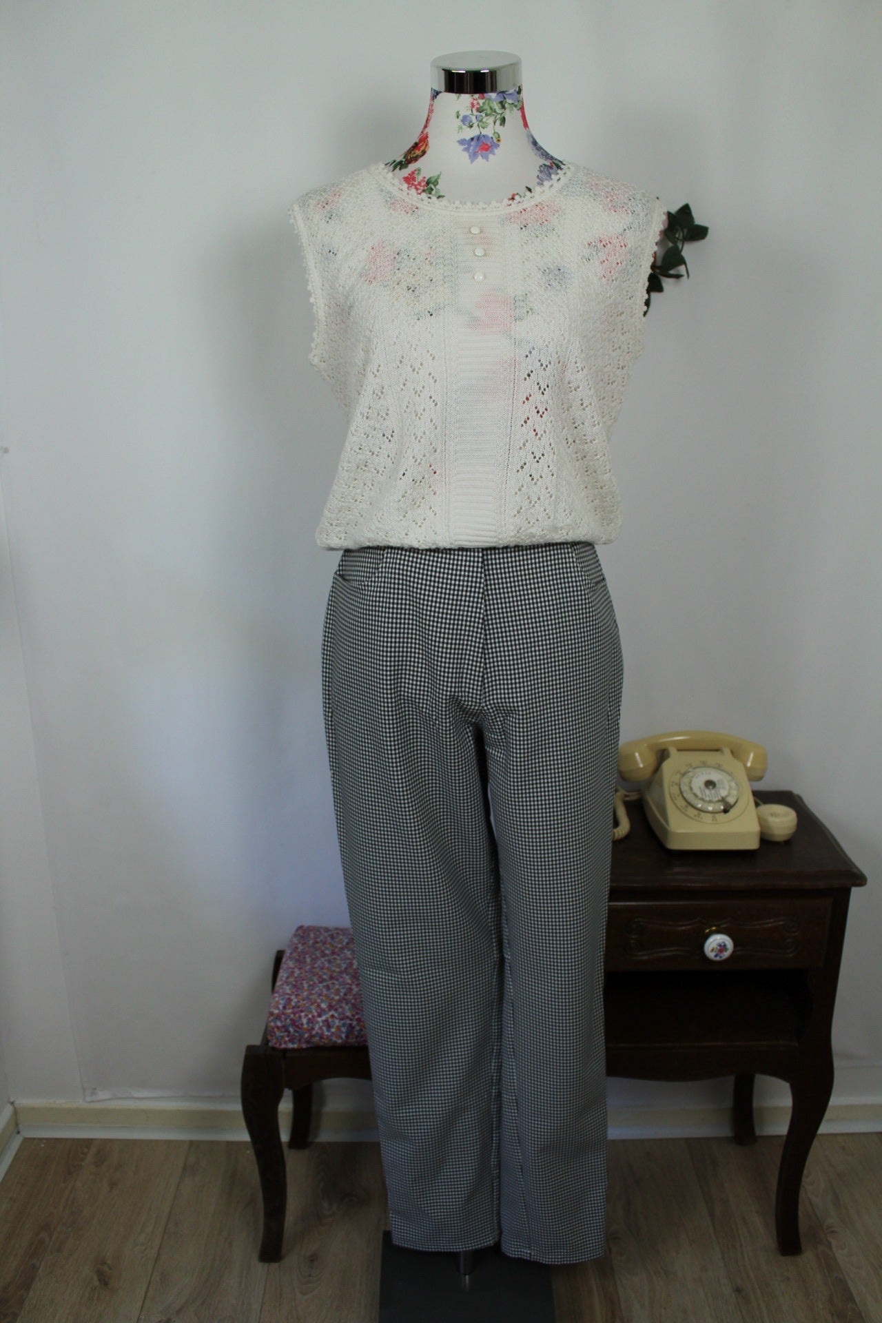🌸🍒Pantalon vintage 90's vichy carreaux noirs & blancs skinny - Taille 38🍒🌸