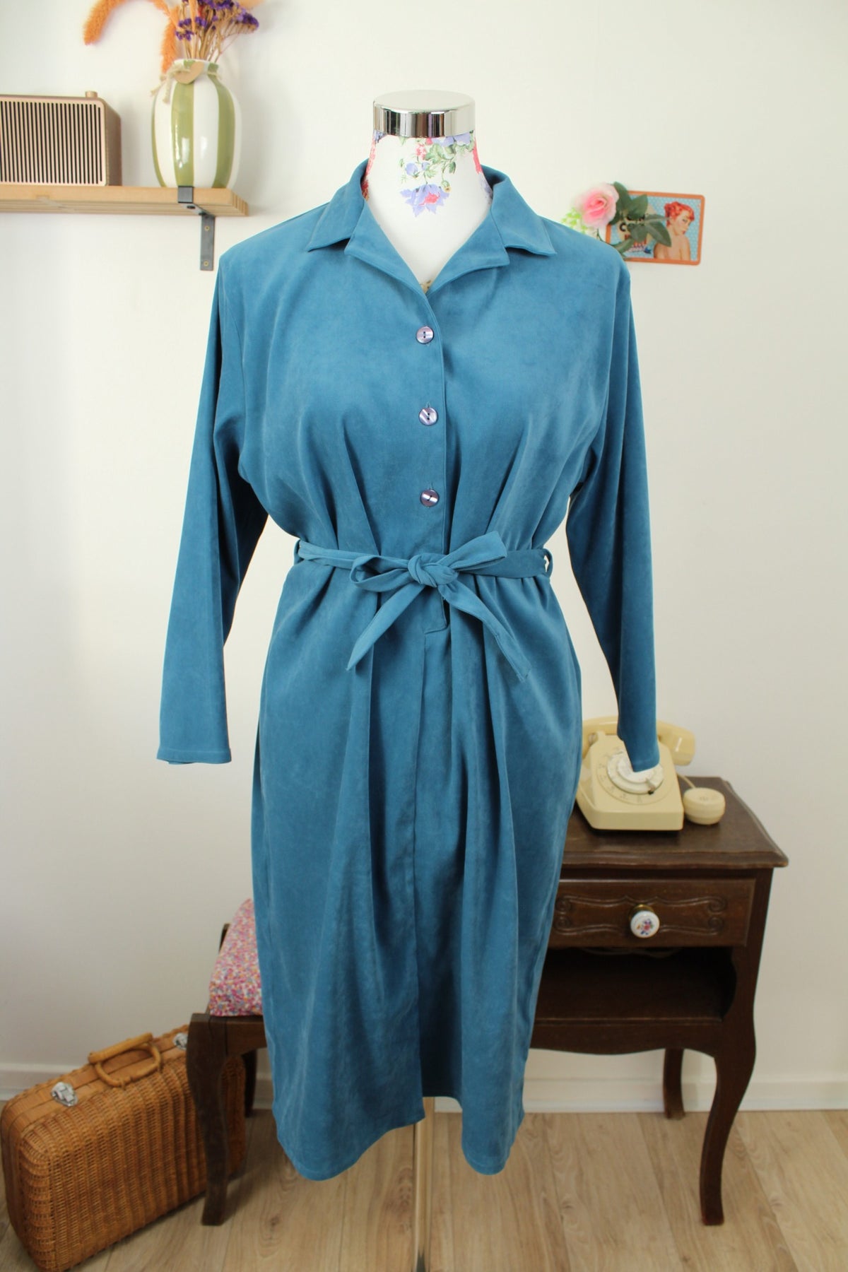 Robe bleu vintage années 90 velours lisse - esprit chemise ceinturée - Taille 40/42