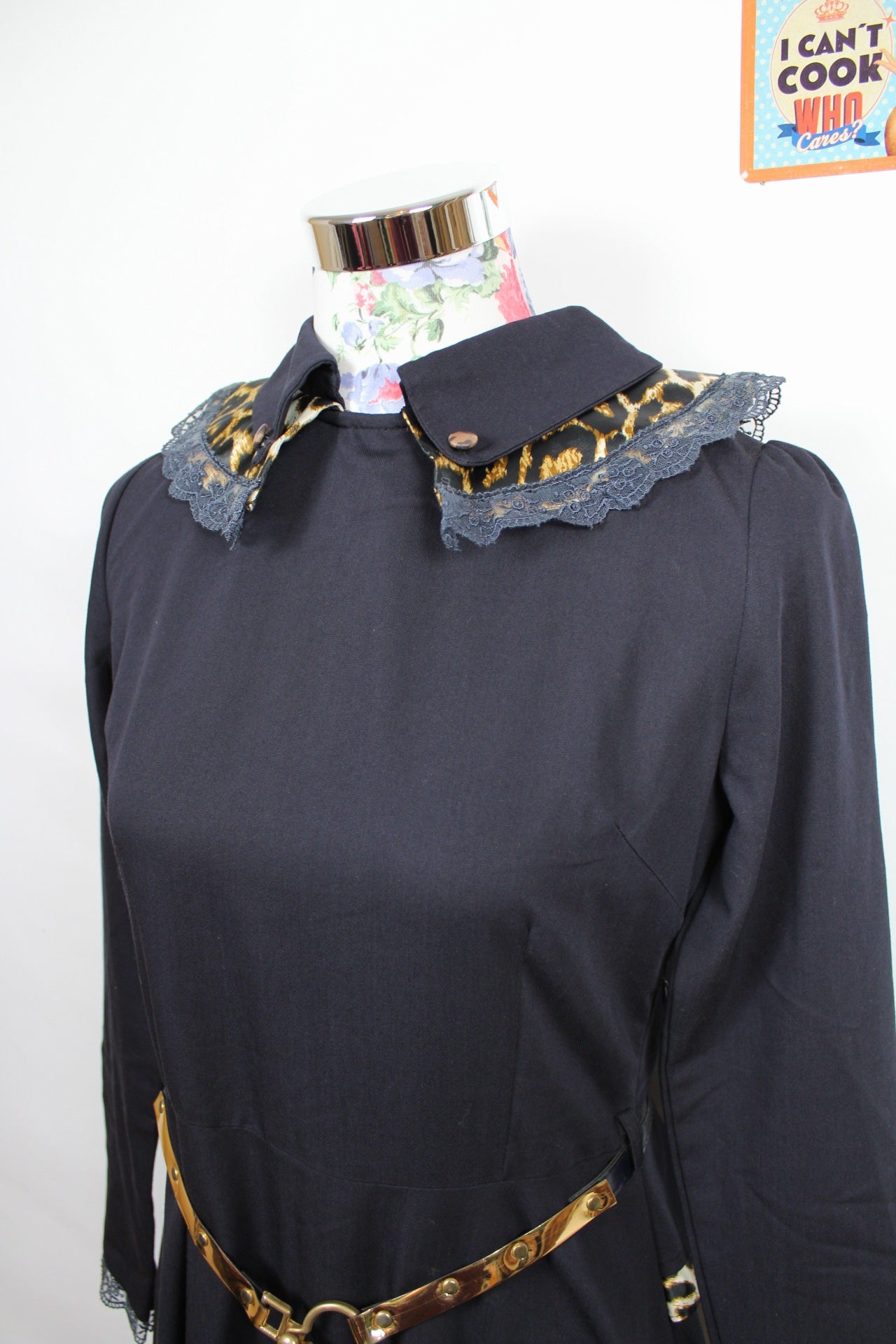 🌸Robe noire longue vintage 80's - empiècements léopard & dentelle - couture chic🍒