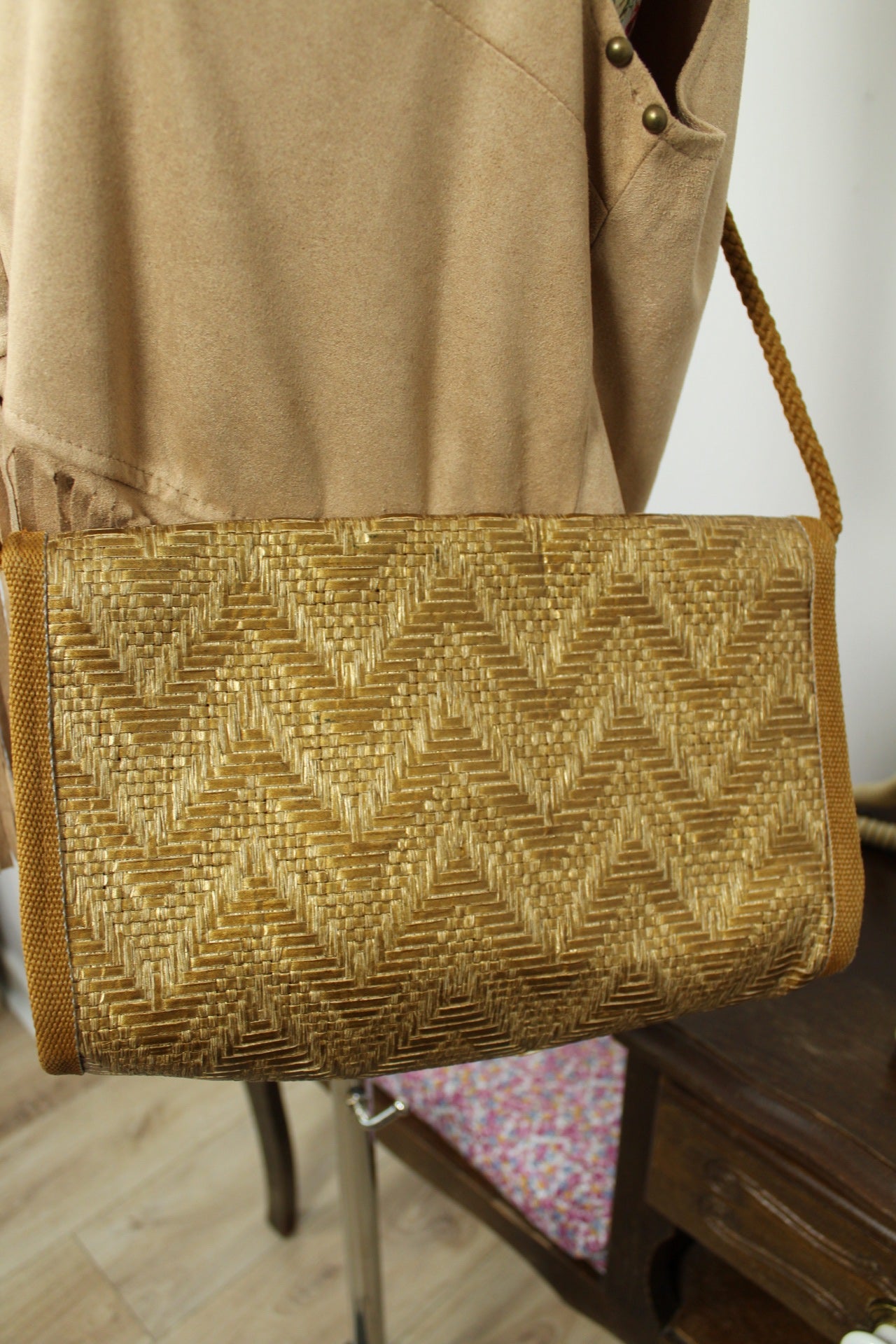 🌸🍒Sac bandoulière en paille tressée dorée vintage 90's bohème chic🍒🌸