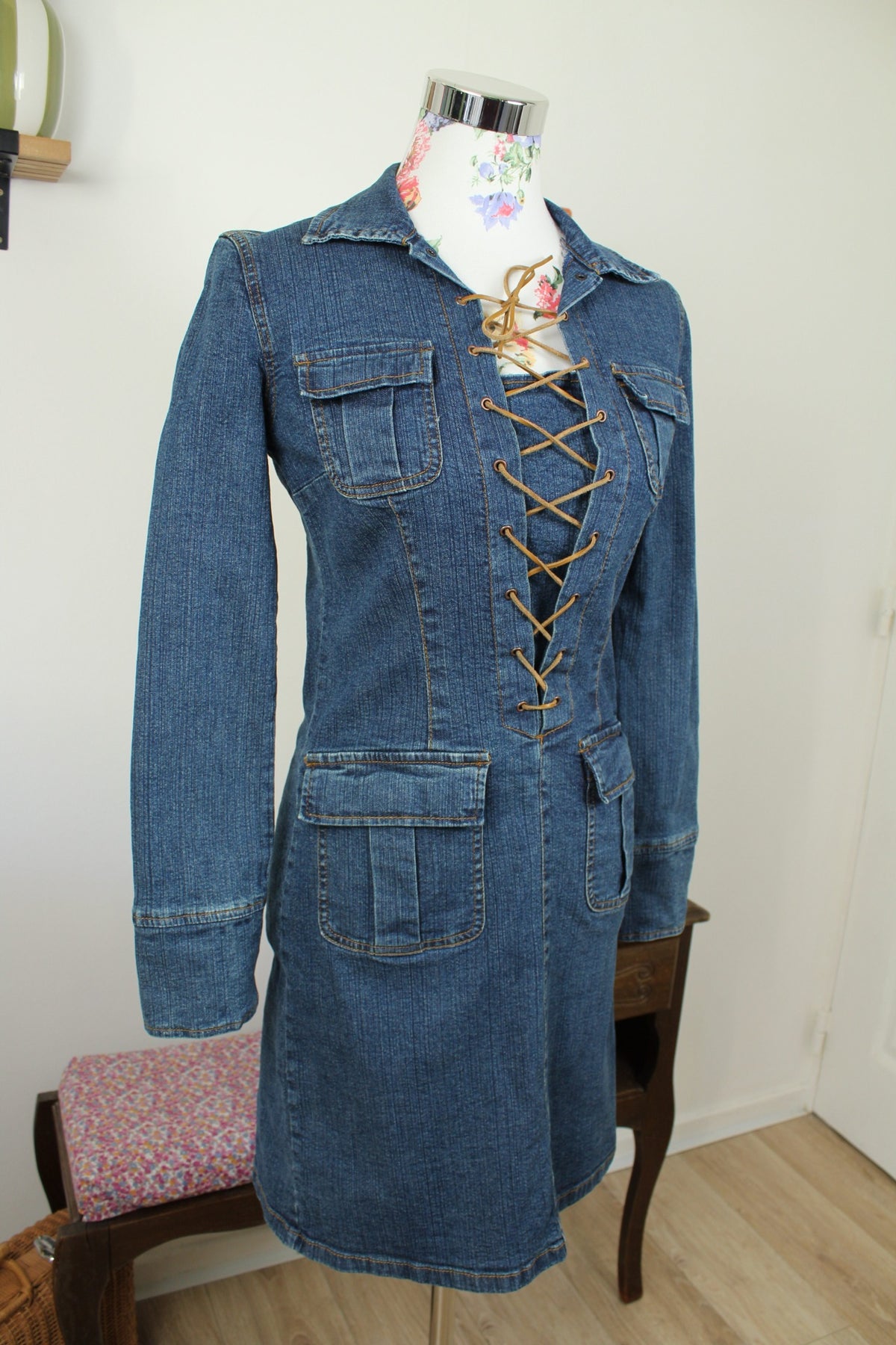 Robe vintage années 90 en jean & laçage marron - Taille 36