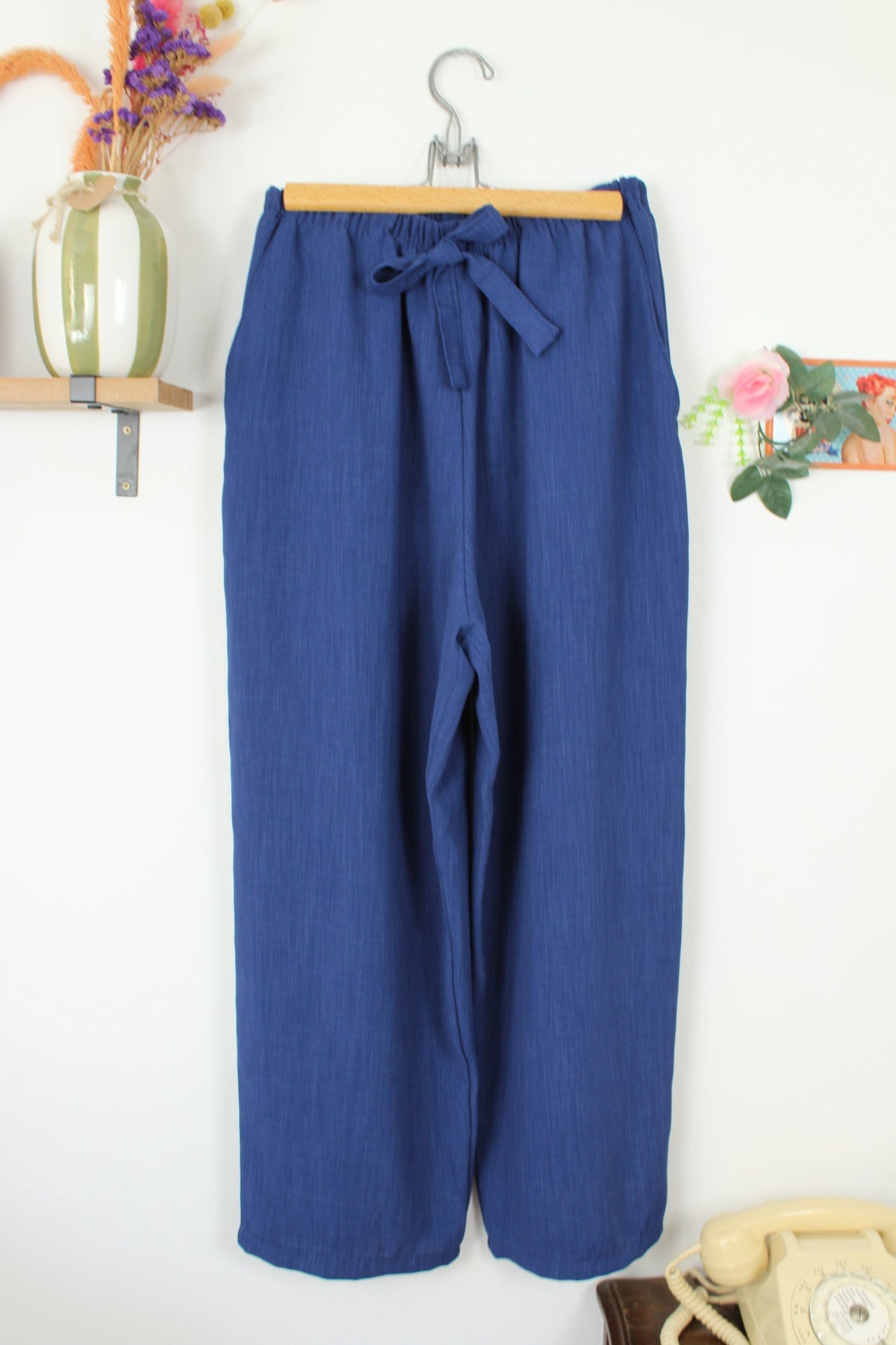 Pantalon vintage années 80/90 bleu profond - taille à nouer - Taille 44/46