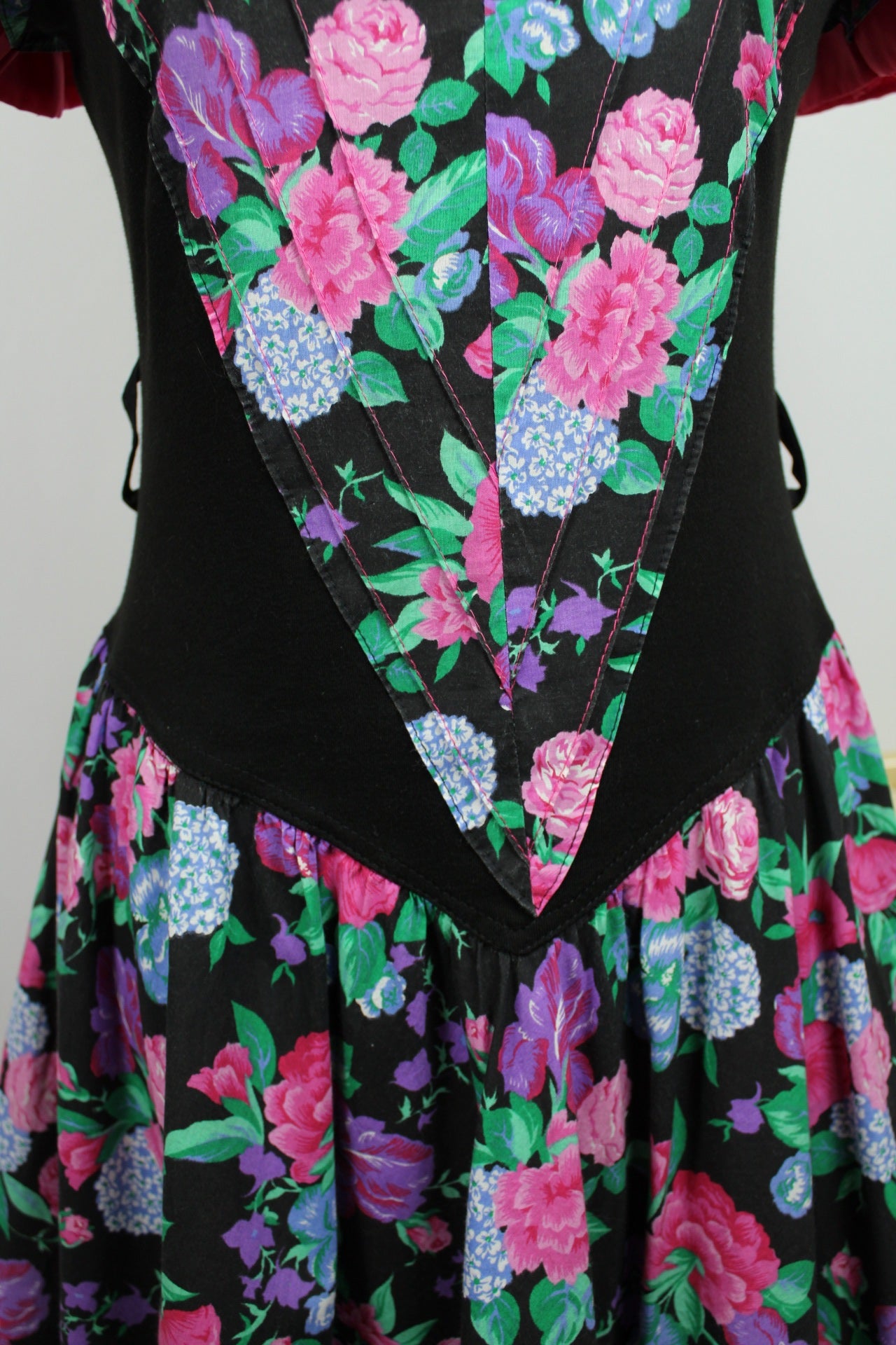 🌸🍒Robe vintage 80s plastron corset fleurie bohème romantique folk jupe évasée - Taille 36/38🍒🌸