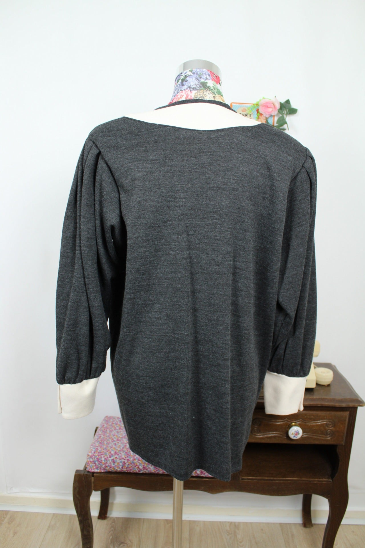 🌸🍒Cardigan vintage années 80 gris & crème - made in France - Taille 44/46🍒🌸