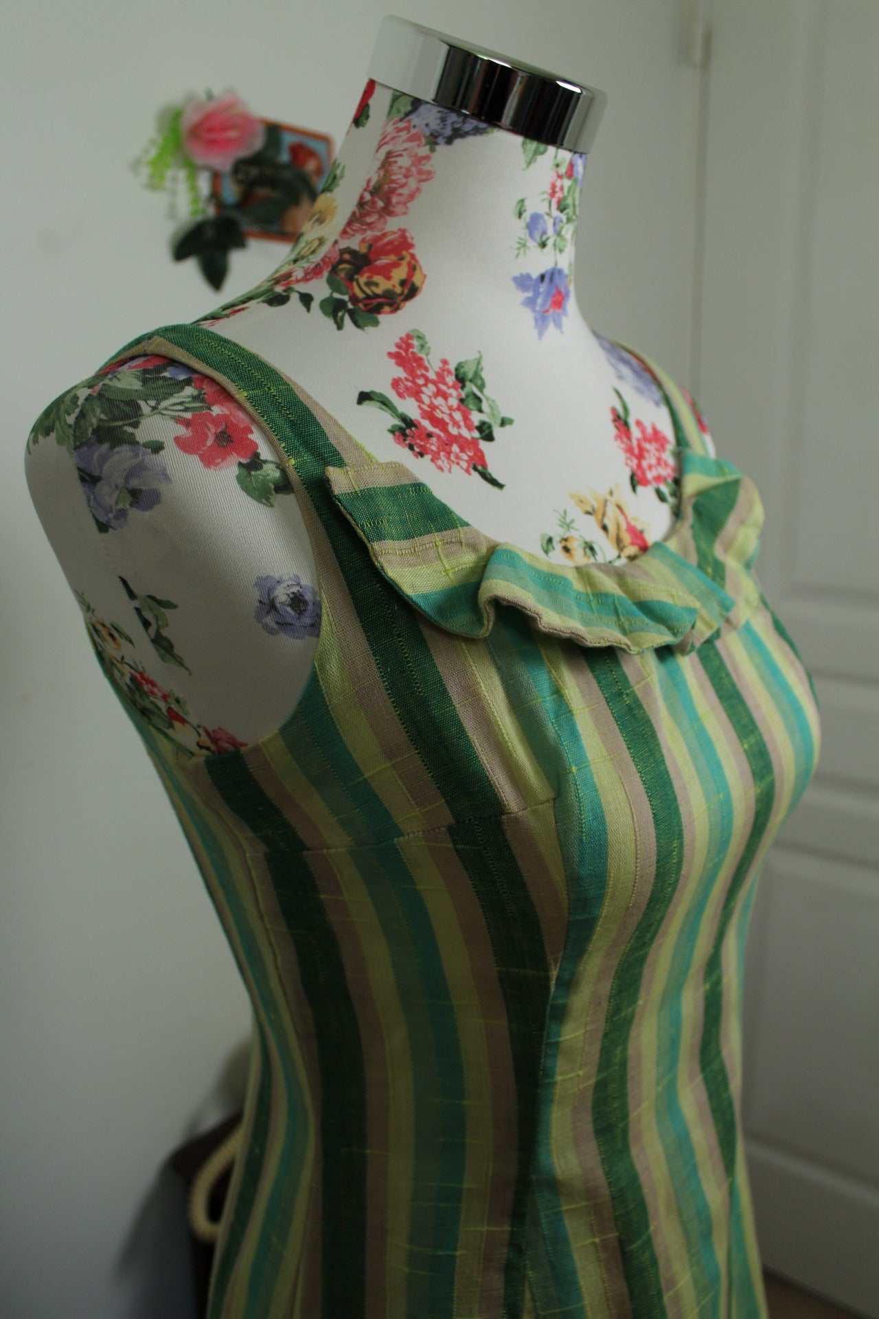 🌸🍒Robe vintage 70's en coton tissé - petits volants & rayures - Taille 34/36🍒🌸