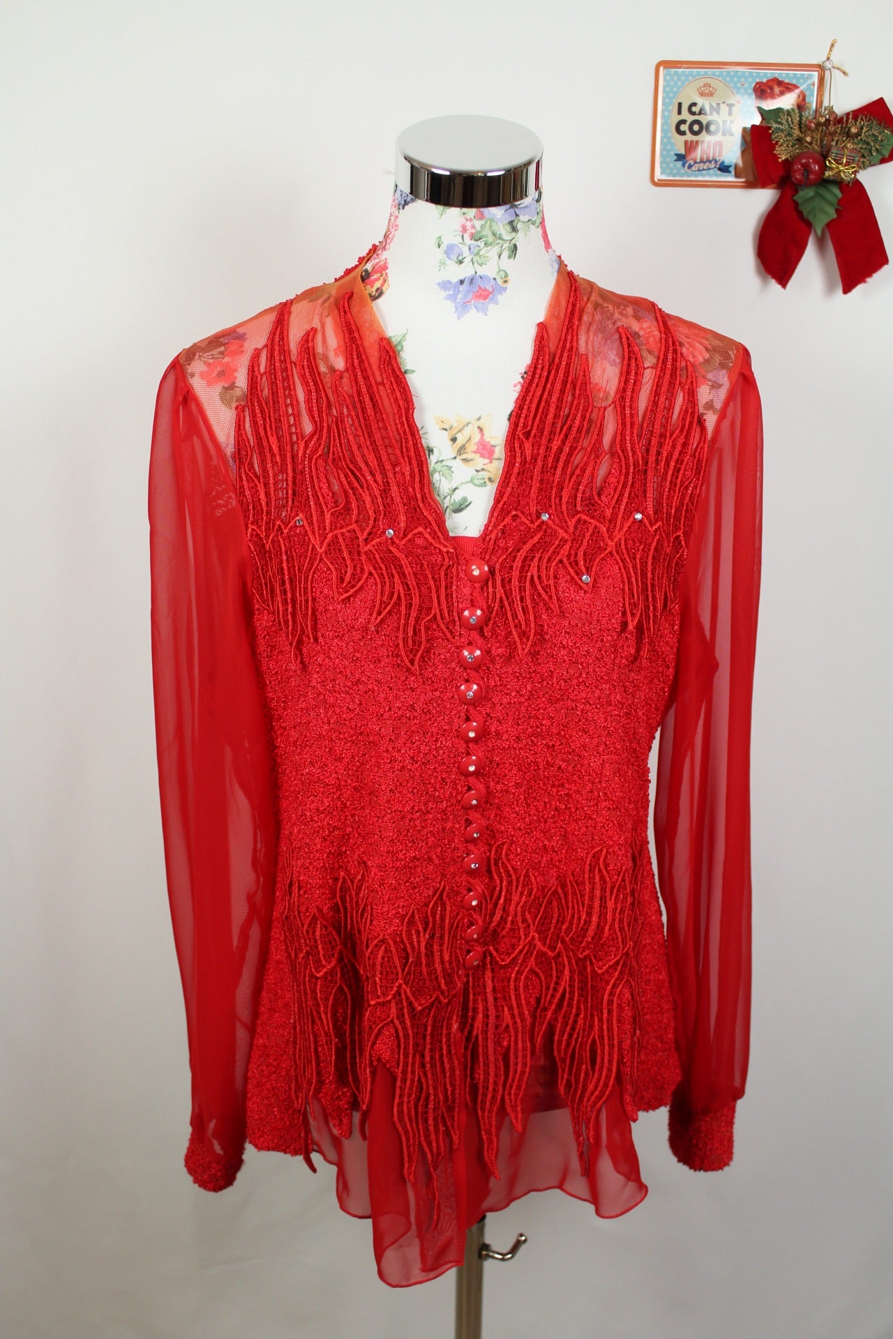🎄Blouse rouge festive vintage 90's - dentelle, strass & manches transparentes - Look Noël glamour🎄