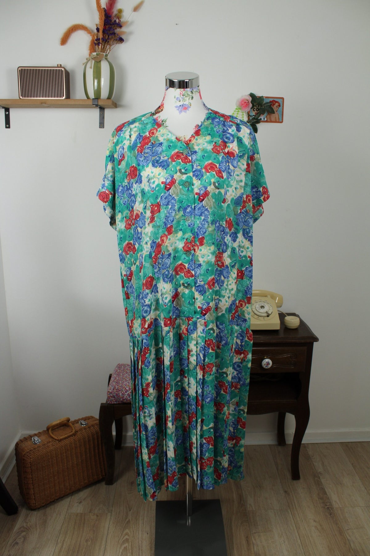 Robe vintage années 80 imprimée de roses abstraites - taille 48