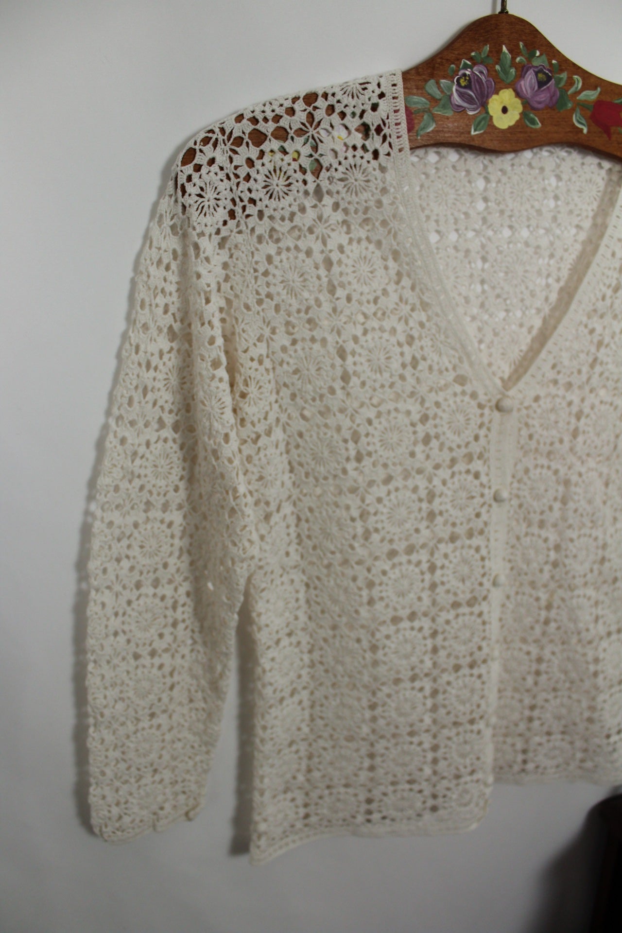 🍒🌸Gilet vintage 90's en crochet blanc fleuri ajouré - taille 38🌸🍒