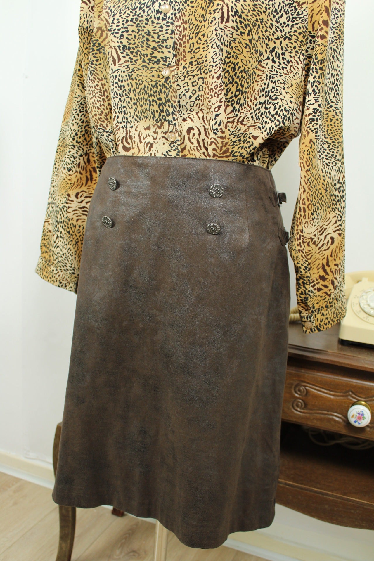 🌸🍒Jupe vintage 90's début 2000 Julie Guerlande marron effet daim texturé - Taille 40🍒🌸