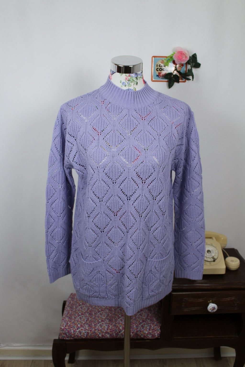 🍒🌸Pull ajouré lila vintage années 80 en laine - long & cosy avec poches 🌸🍒