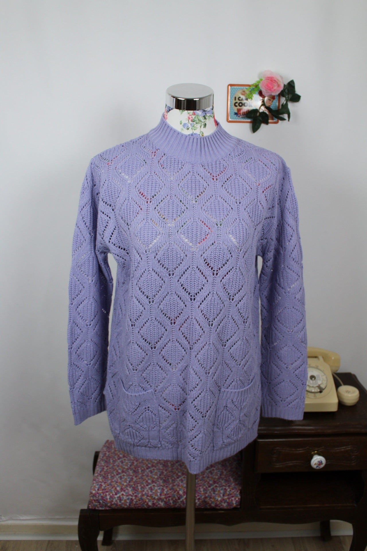 🍒🌸Pull ajouré lila vintage années 80 en laine - long & cosy avec poches - Taille 40/42 🌸🍒